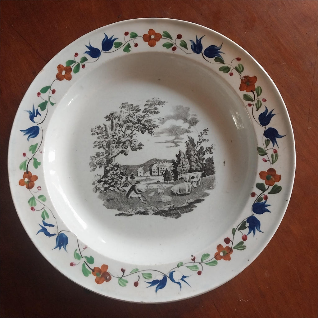 Early Staffordshire Pearlware Plate with Enameled Flowers and Pastoral Scene