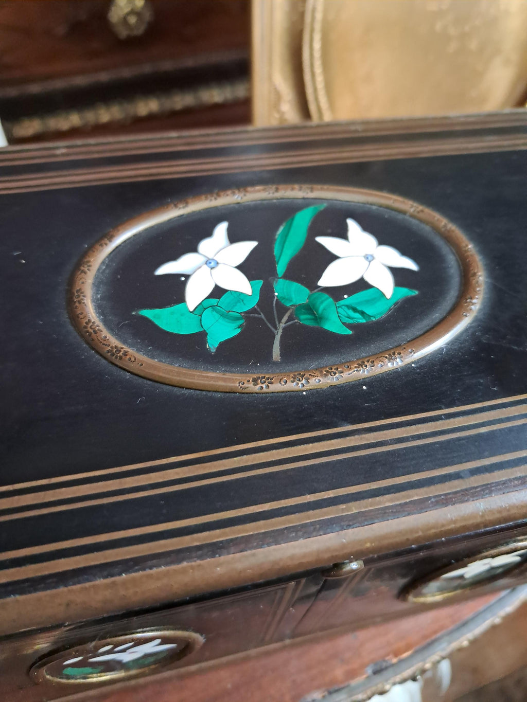 Antique French Pietra Dura Scent Caddy Box, Floral Inlay