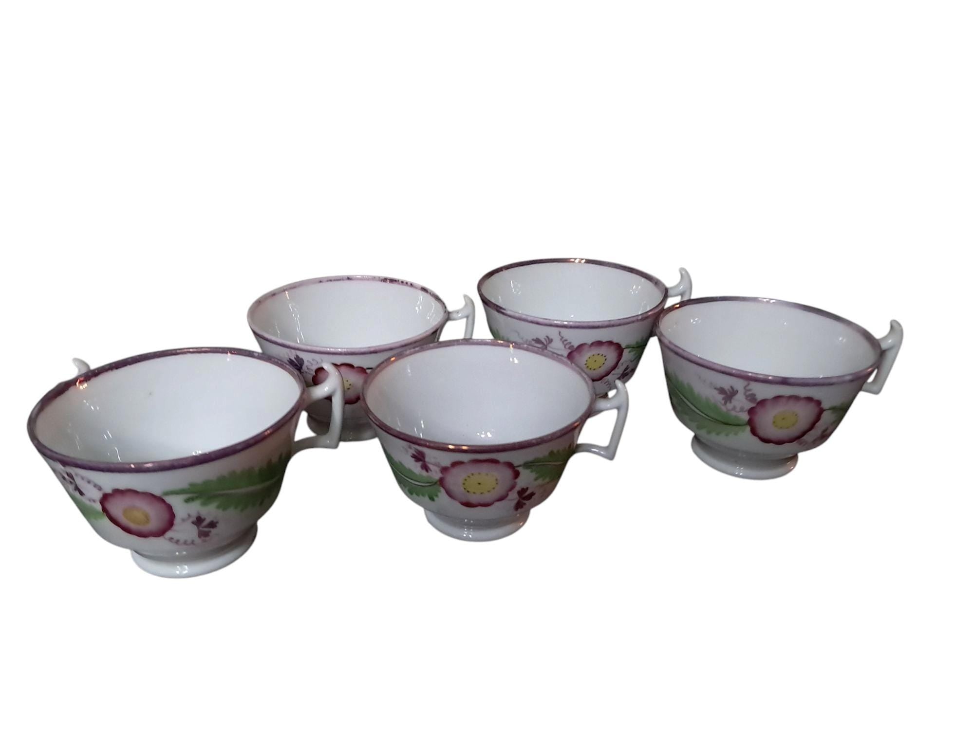Set of 6 Early English Tea Cups Pink Lustre Hand Painted