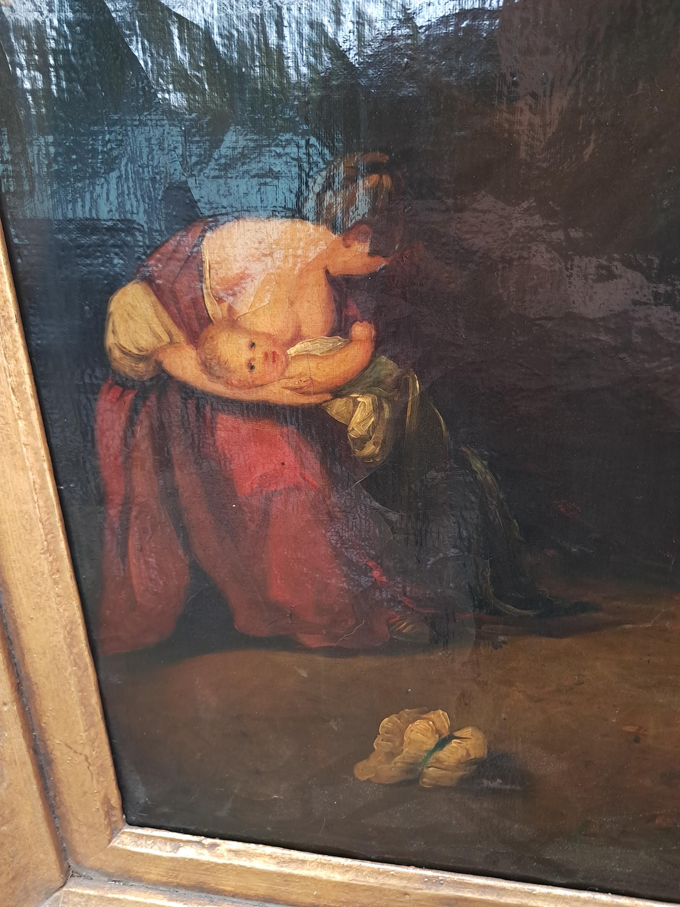 Antique Dark and Moody Painting of Mom Shielding Child