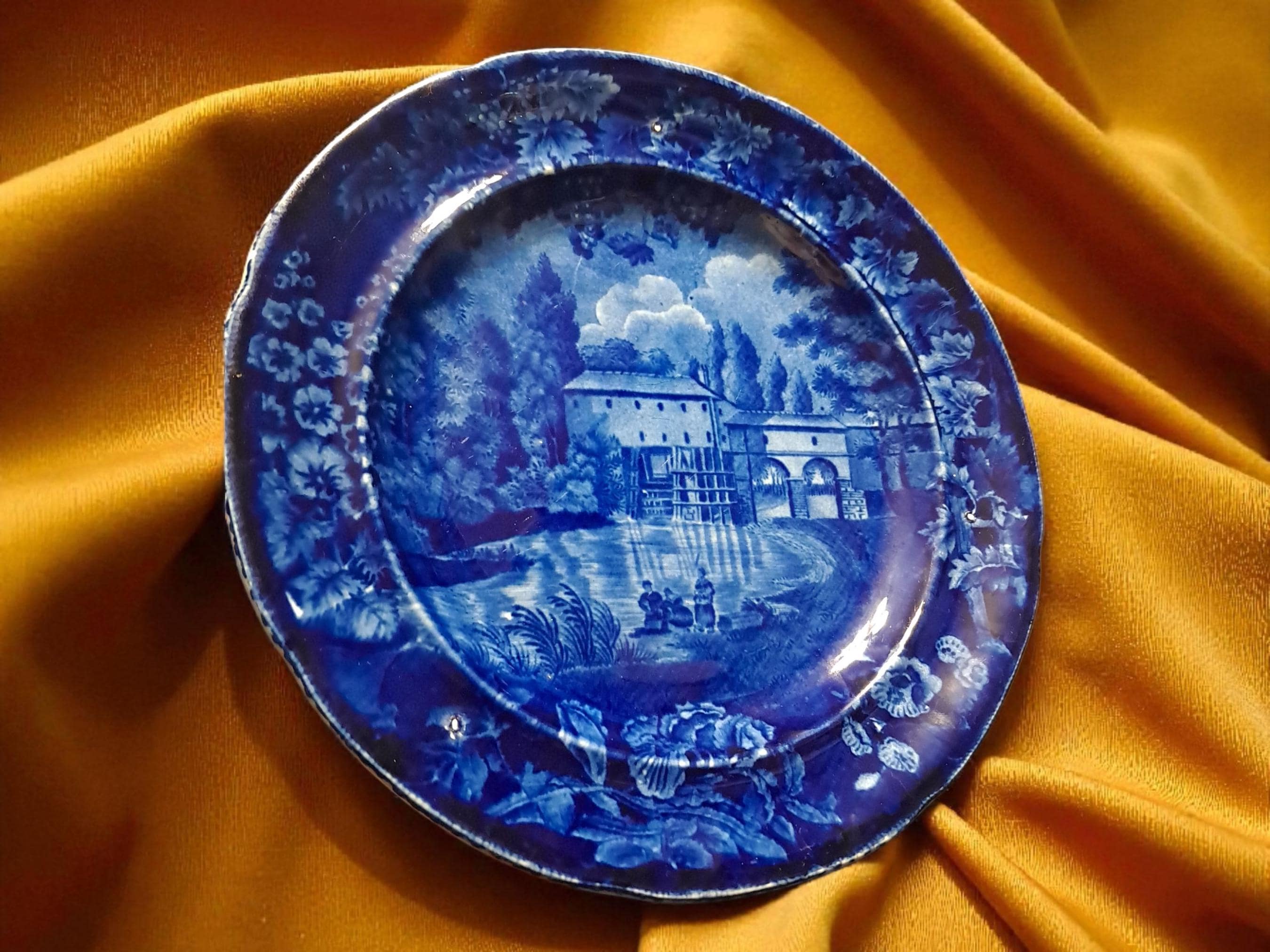 Antique Staffordshire Dark Blue Transferware Plate of Italian Scenery