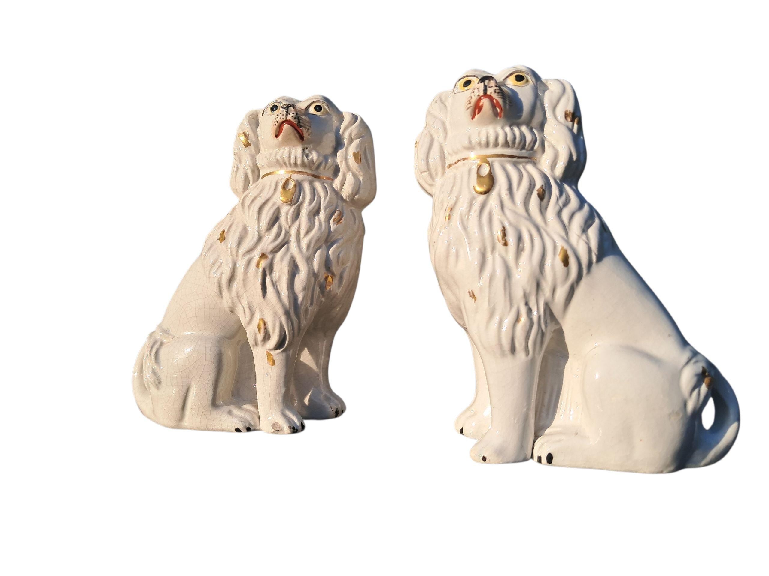 Authentic RARE Antique True Staffordshire Little Lion Dog Pair White