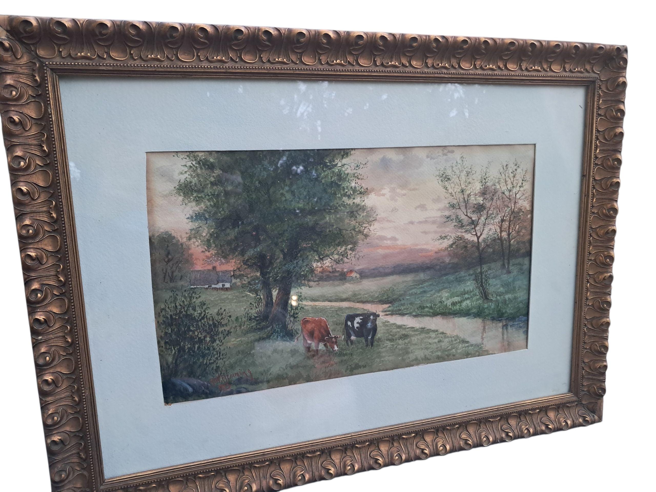 Antique Pastoral Watercolor Painting: Flemming, Canadian Artist, 1913