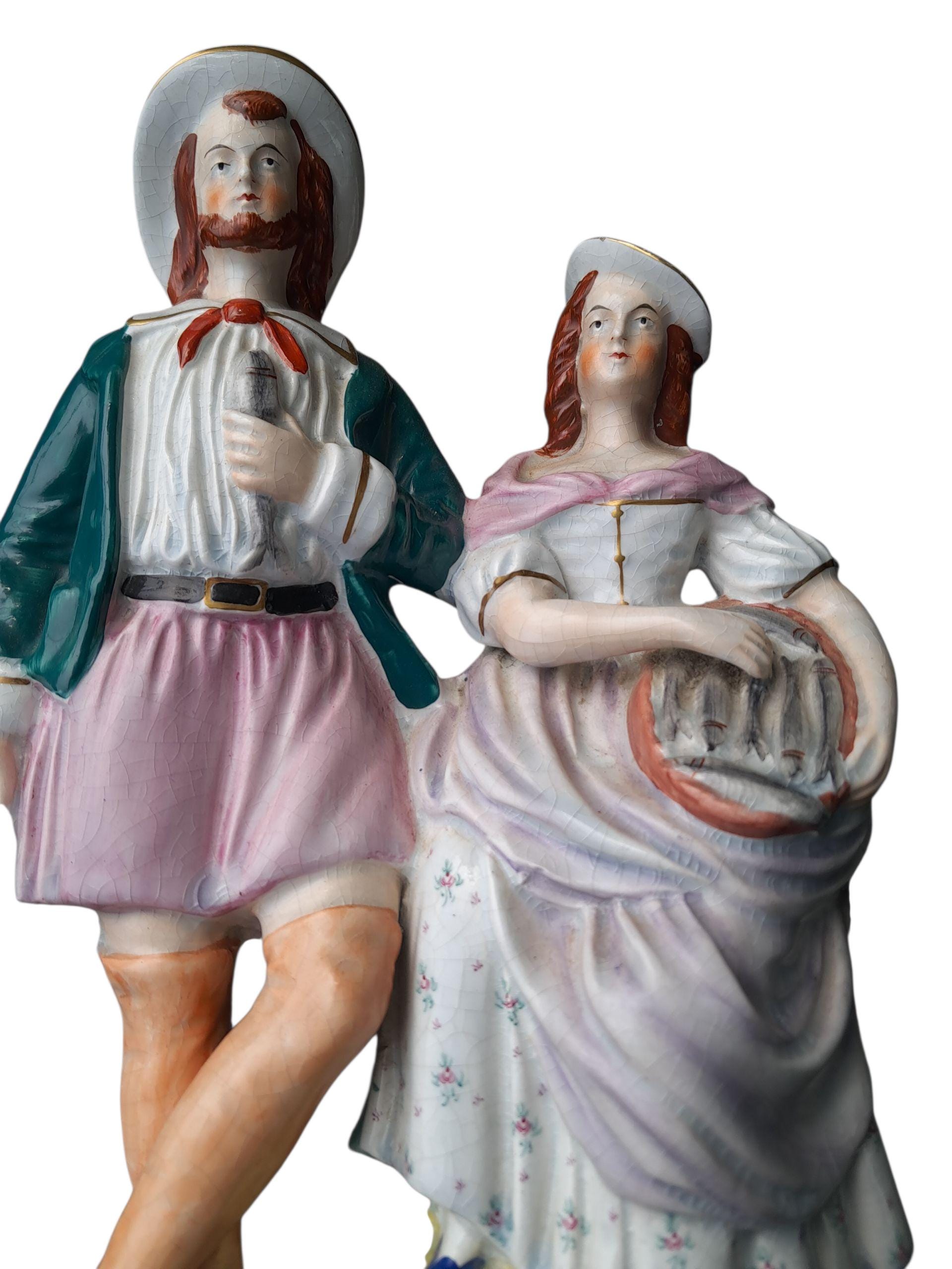 Antique Staffordshire Flatback Figure of 2 Fish Mongers