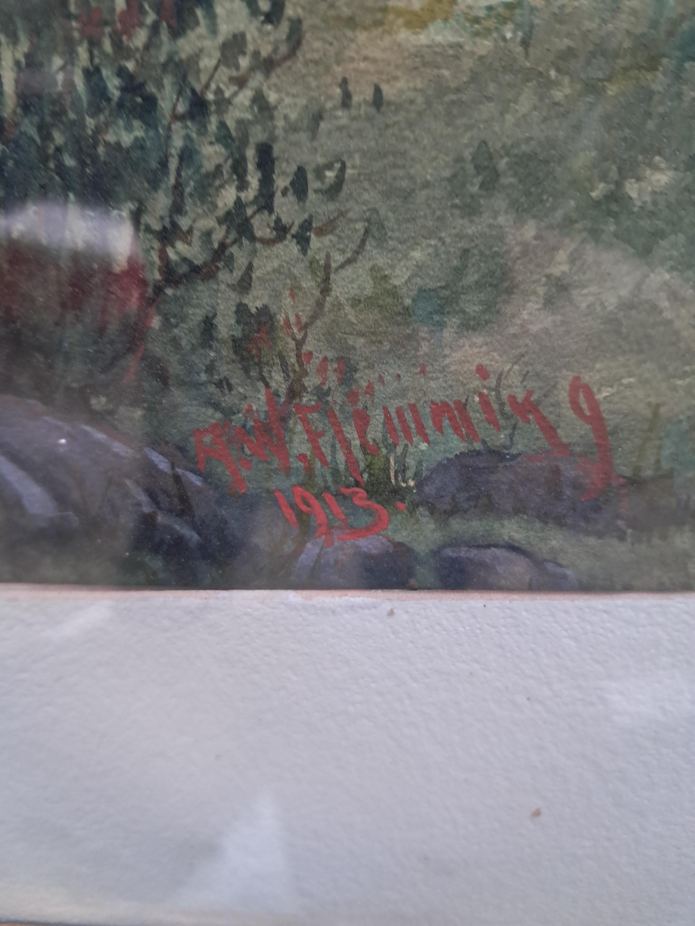 Antique Pastoral Watercolor Painting: Flemming, Canadian Artist, 1913