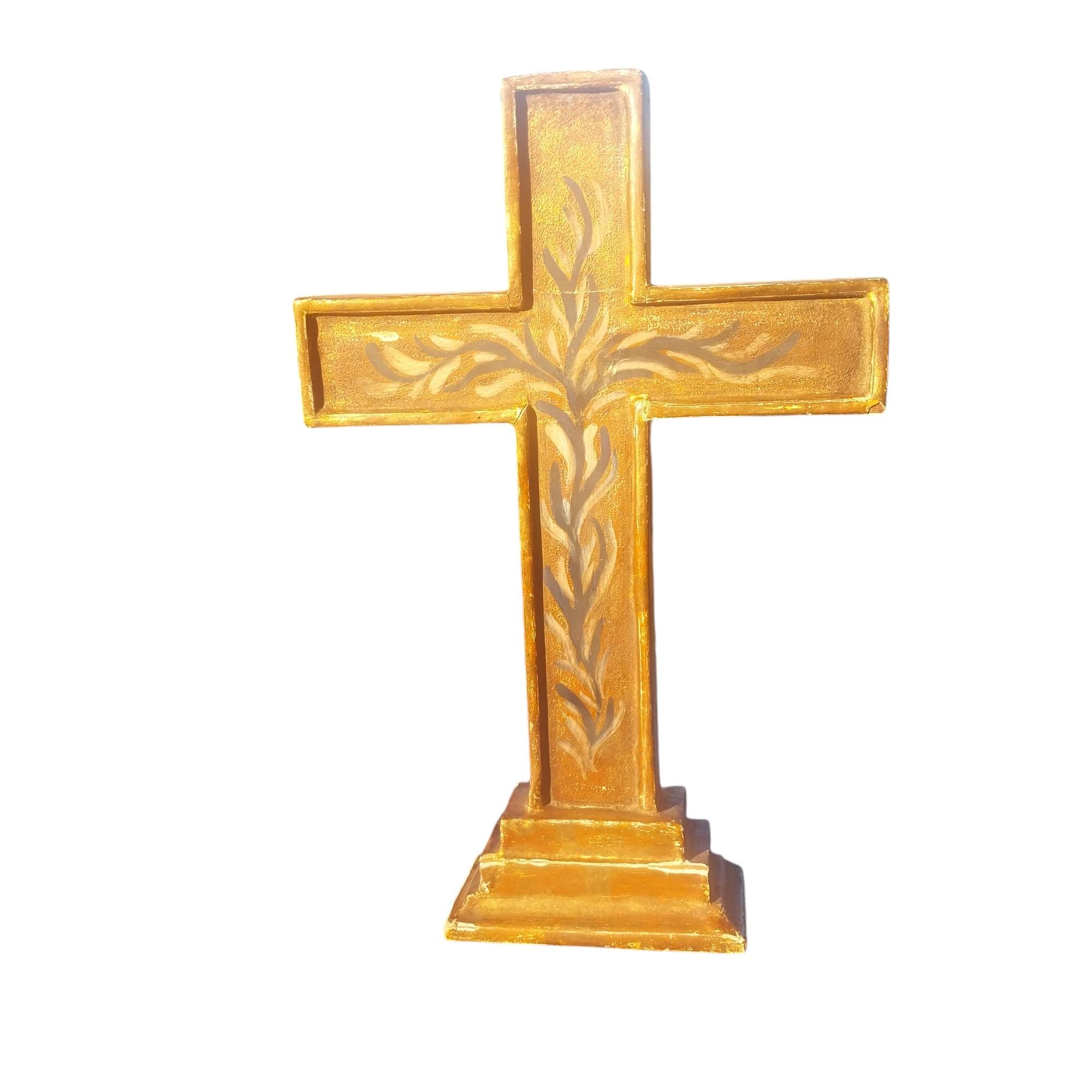 Vintage Gold Painted Cross with Floral Design