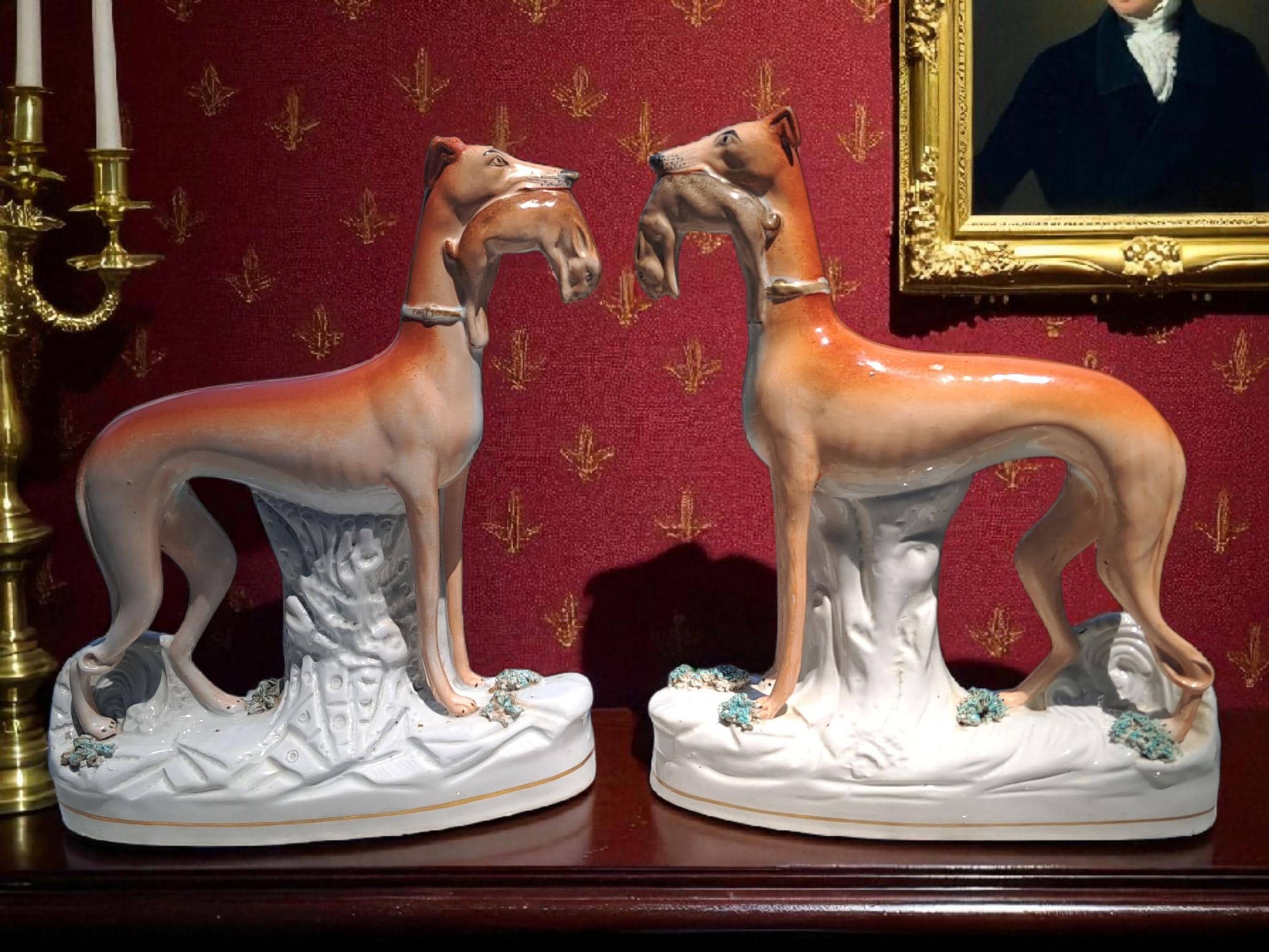 Authentic Antique Huge 11 Inch Staffordshire Dog Whippet Greyhound Pair