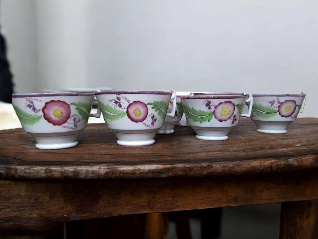 Set of 6 Early English Tea Cups Pink Lustre Hand Painted