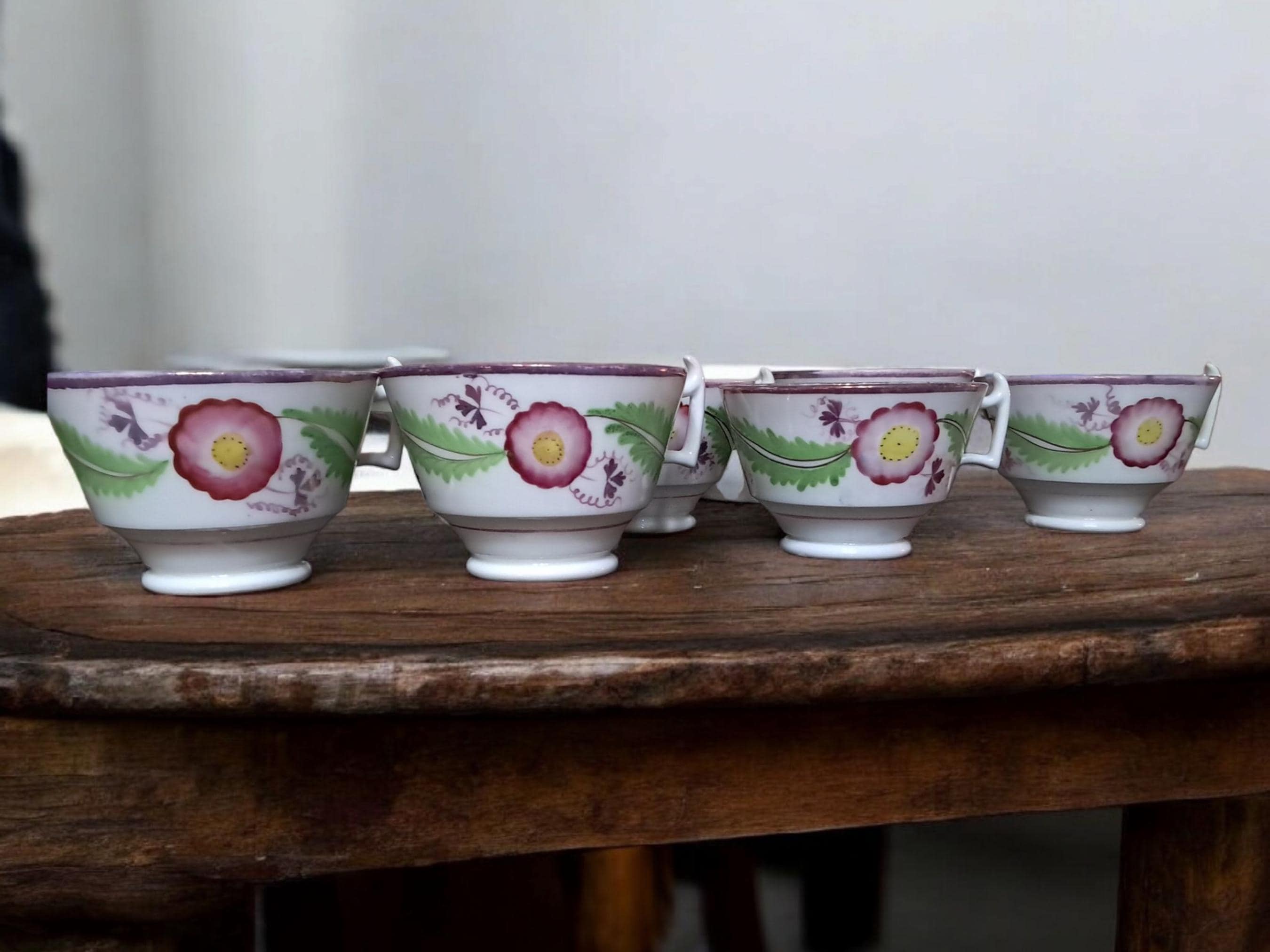 Set of 6 Early English Tea Cups Pink Lustre Hand Painted