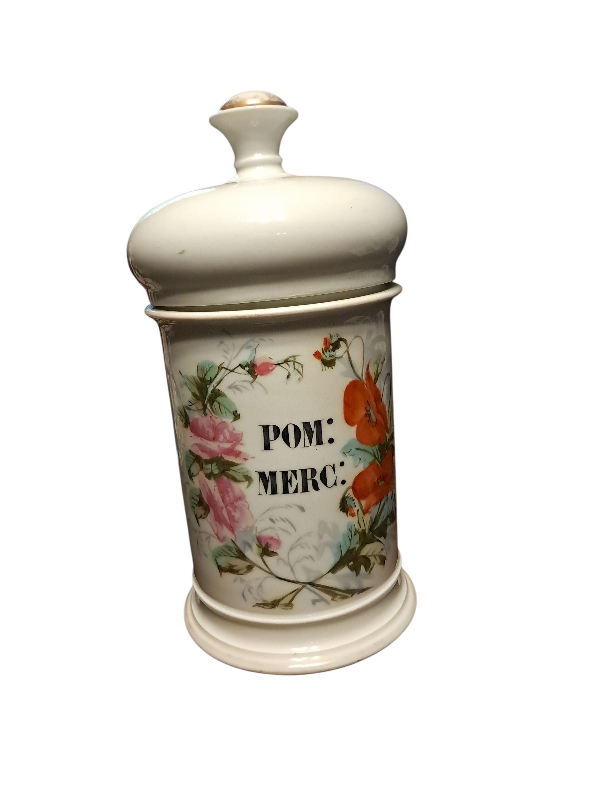Antique French Apothecary Jar: Hand Painted Floral Display Piece