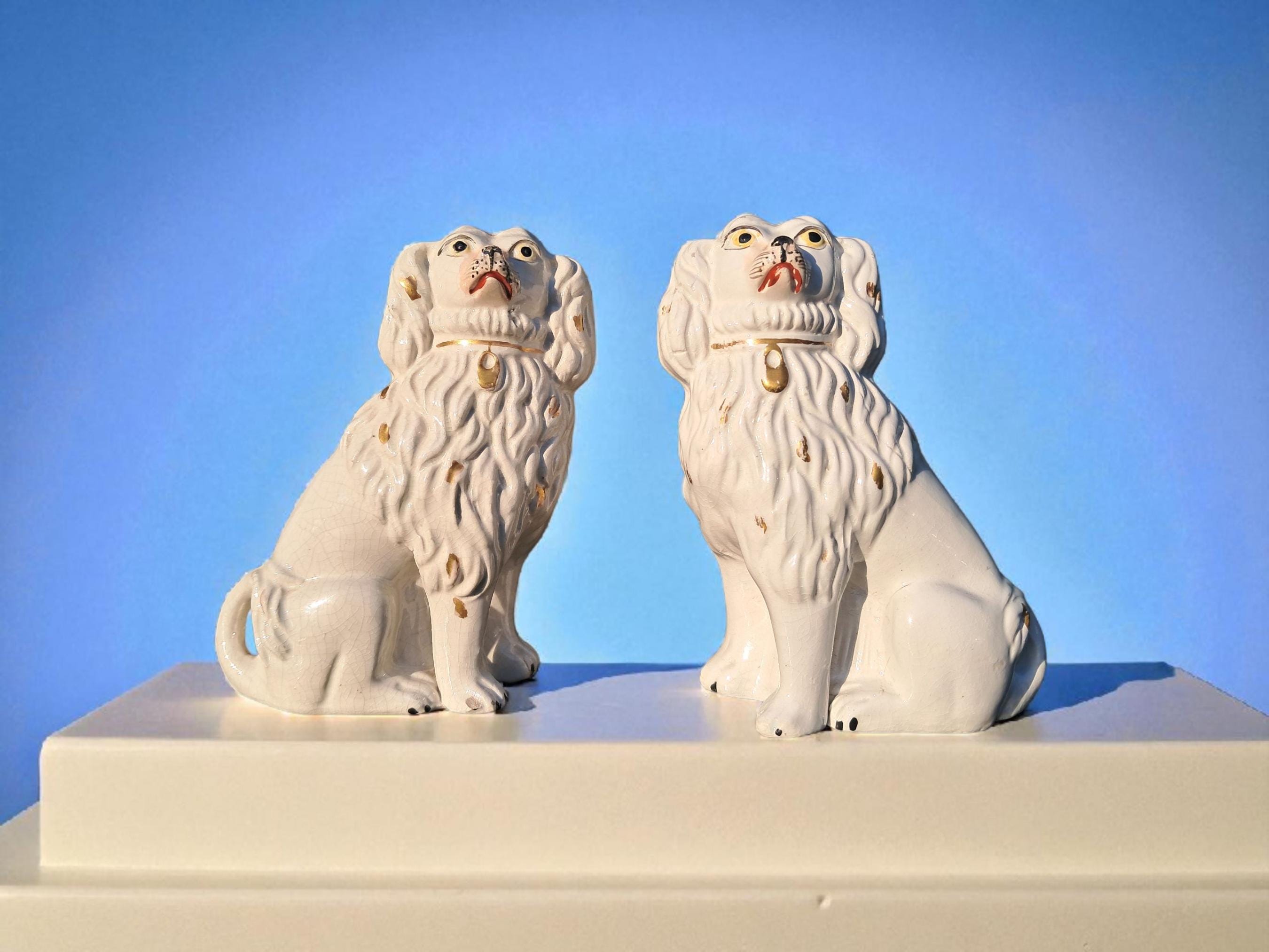 Authentic RARE Antique True Staffordshire Little Lion Dog Pair White