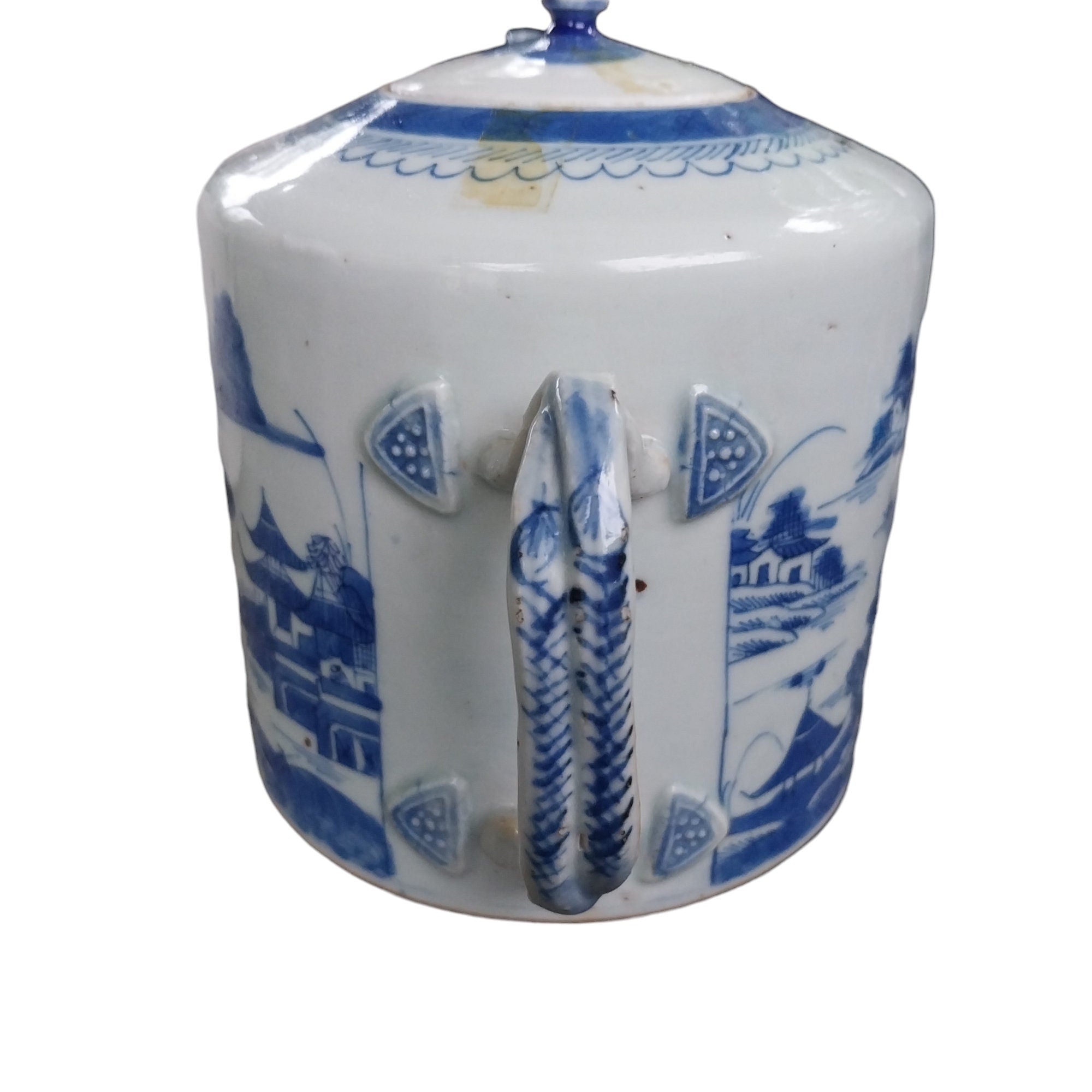 Blue and White Mid 1800's Drum Style Chinese Export Teapot