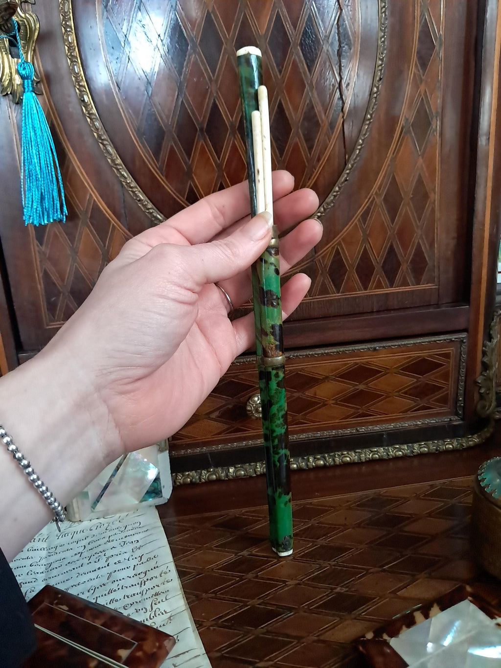 Rare Antique Chinese Trousse Eating Set Faux Green Tortoiseshell