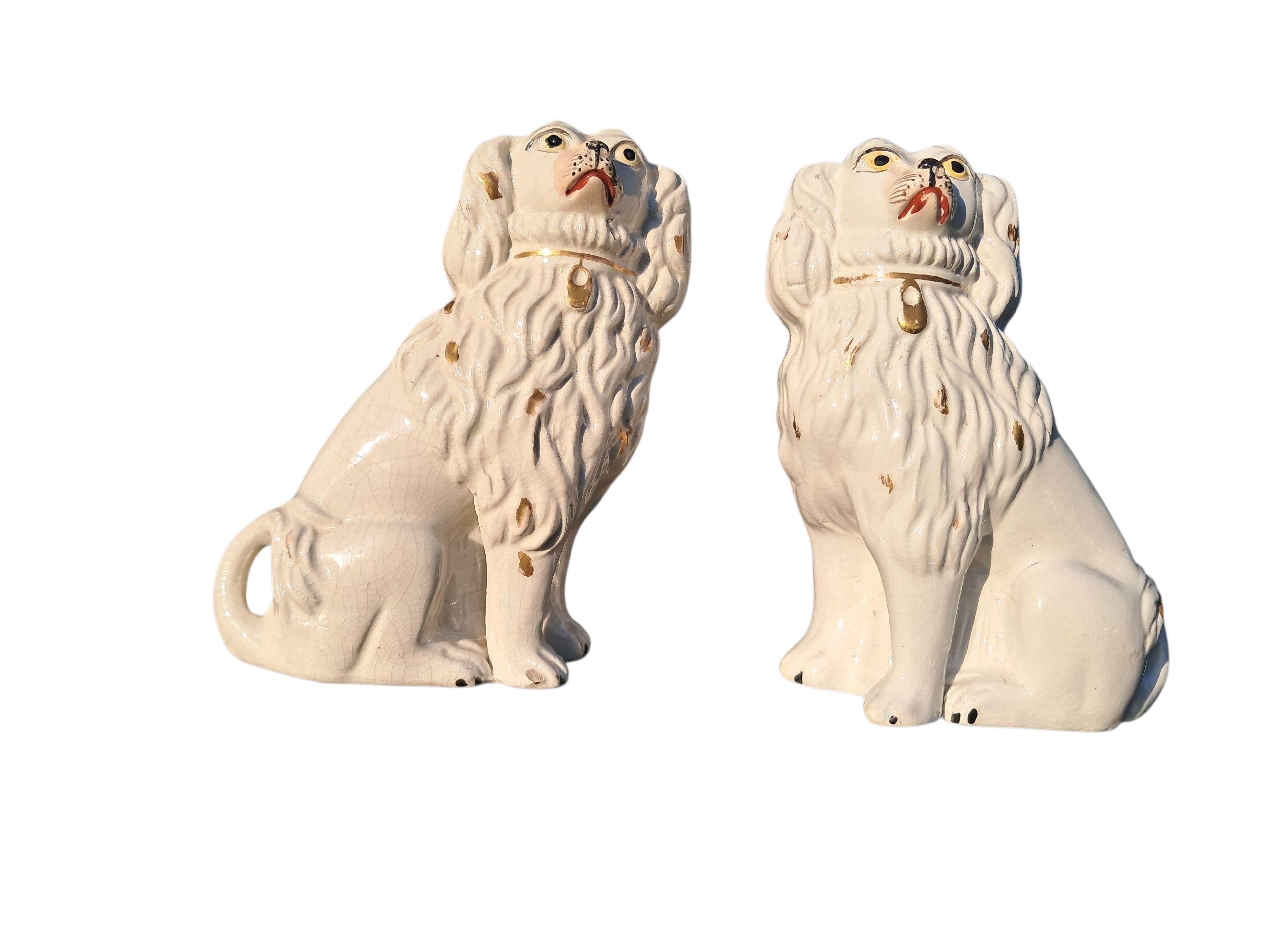 Authentic RARE Antique True Staffordshire Little Lion Dog Pair White