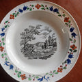 Early Staffordshire Pearlware Plate with Enameled Flowers and Pastoral Scene