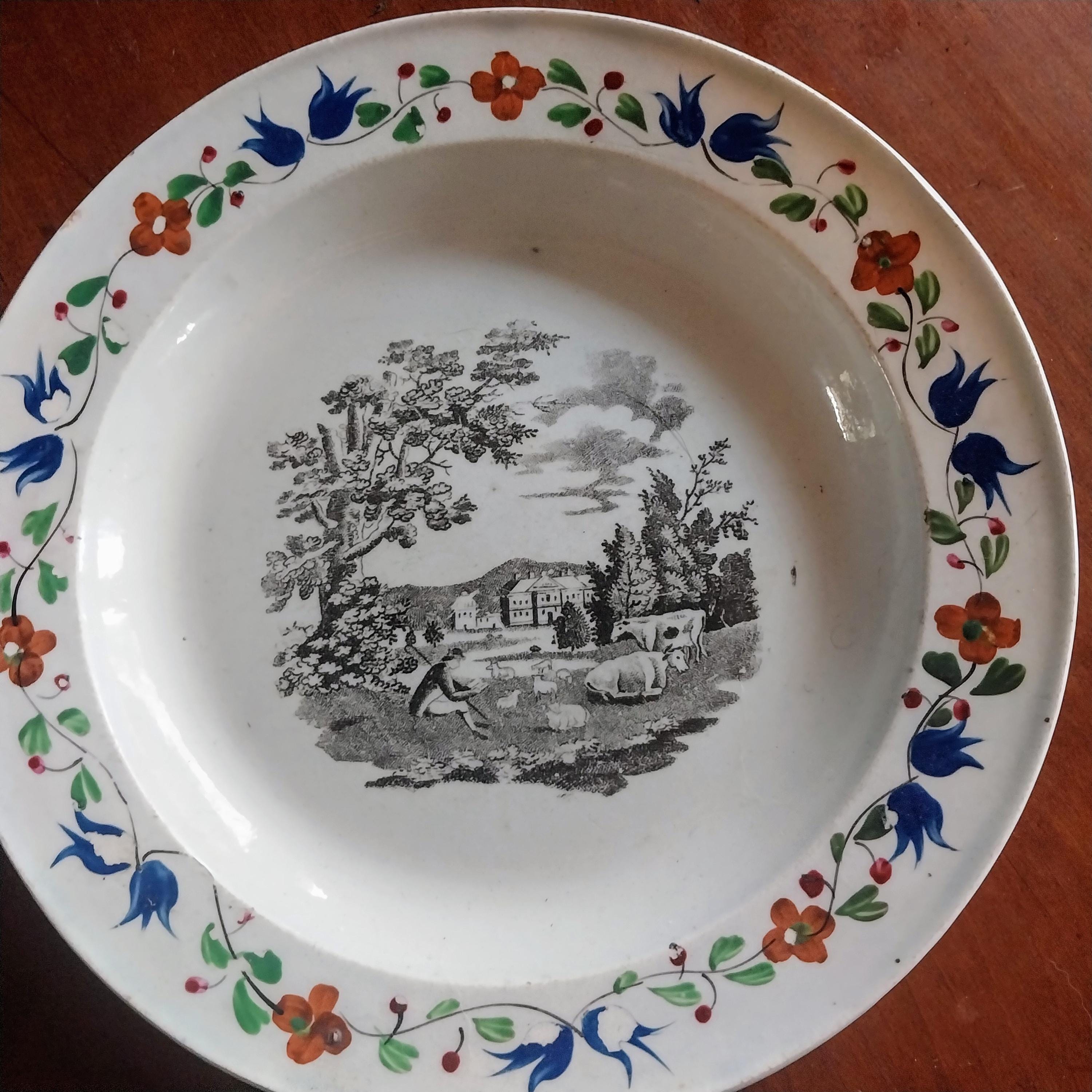 Early Staffordshire Pearlware Plate with Enameled Flowers and Pastoral Scene