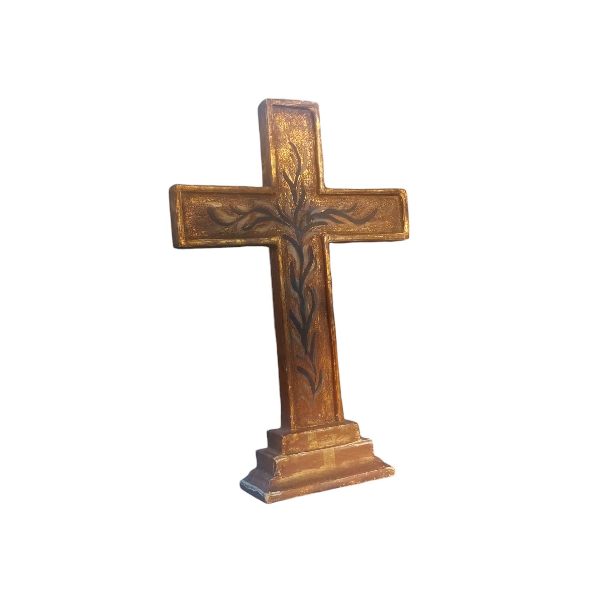 Vintage Gold Painted Cross with Floral Design