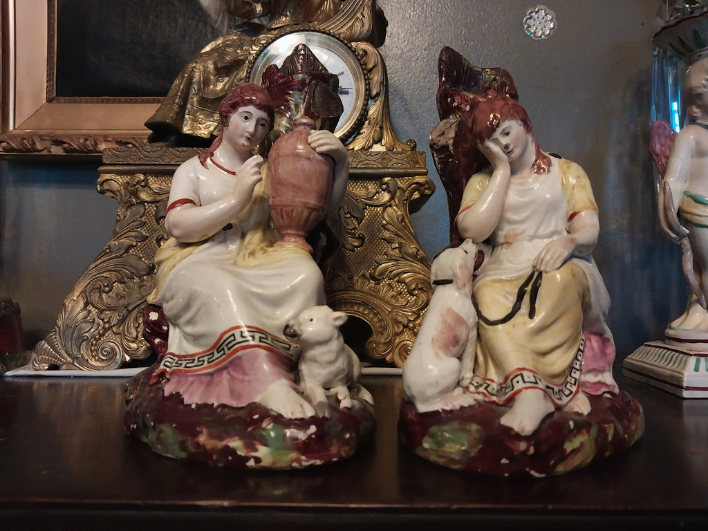 Pair Early Pearlware Staffordshire Poor Maria Agrippina Dog Spill Vases 19th C