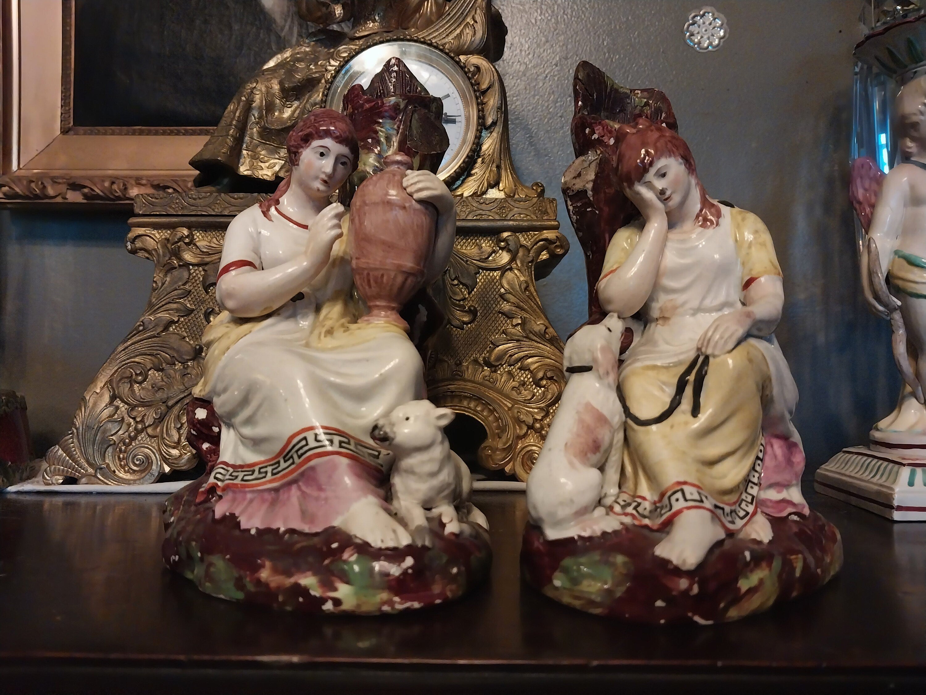 Pair Early Pearlware Staffordshire Poor Maria Agrippina Dog Spill Vases 19th C
