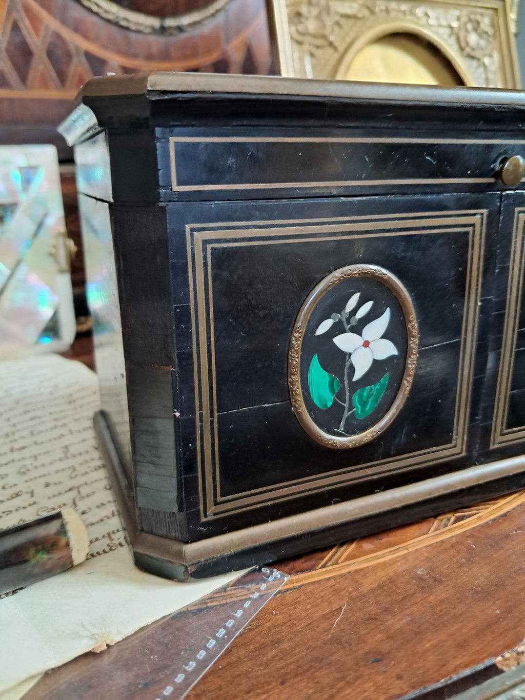 Antique French Pietra Dura Scent Caddy Box, Floral Inlay