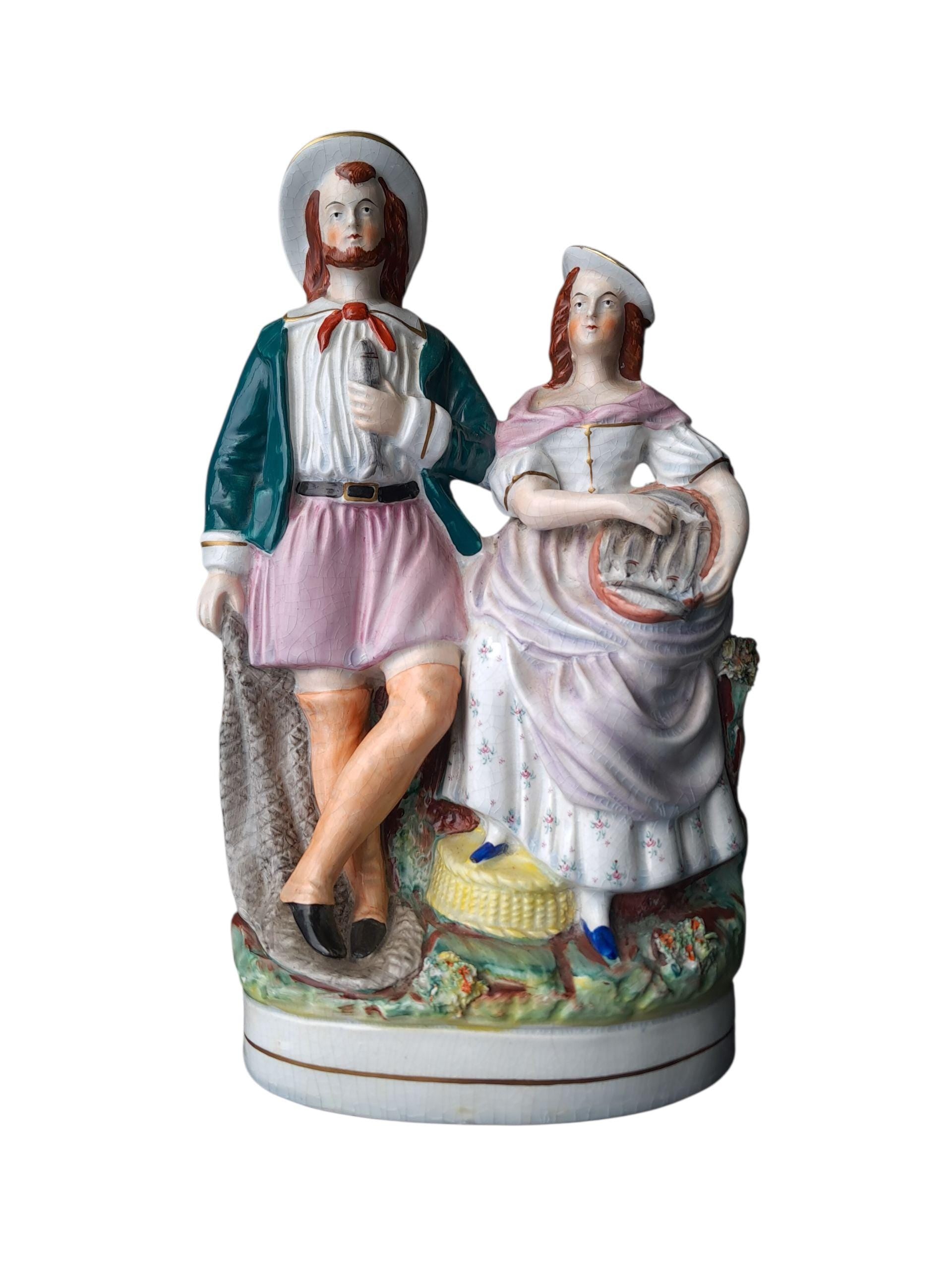 Antique Staffordshire Flatback Figure of 2 Fish Mongers