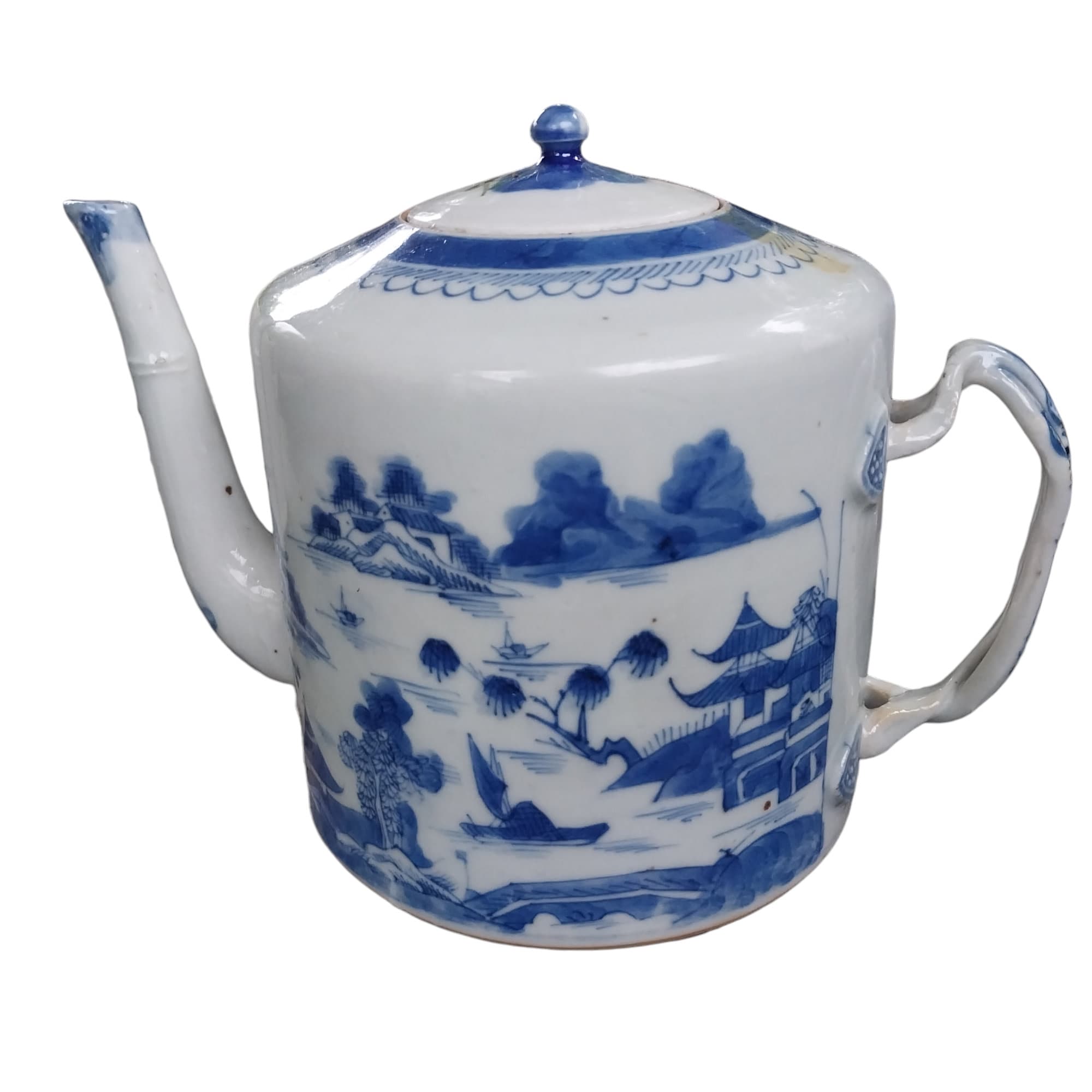Blue and White Mid 1800's Drum Style Chinese Export Teapot