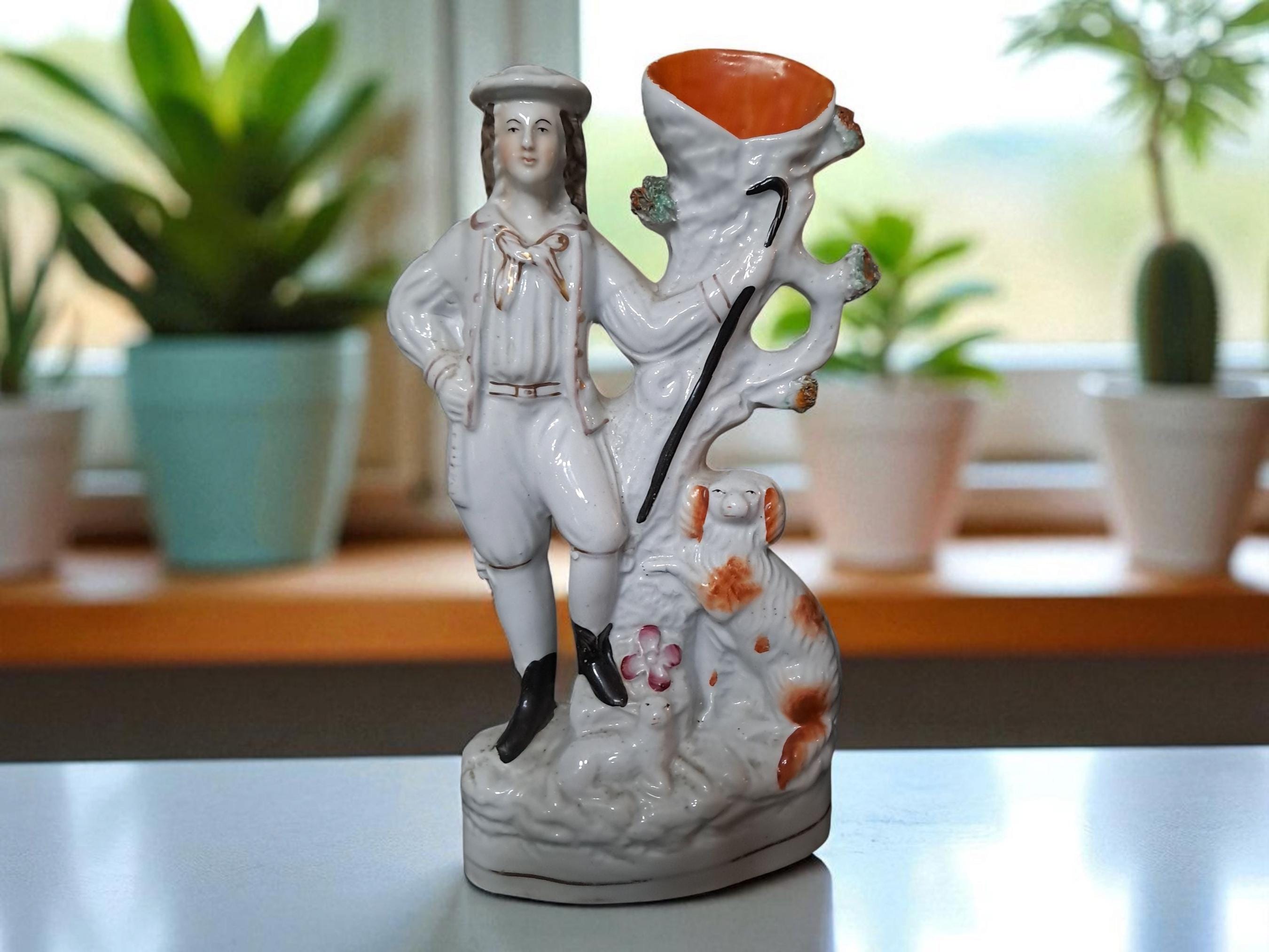 Antique Staffordshire Spill Vase of Shepherd With Sheep and Dog