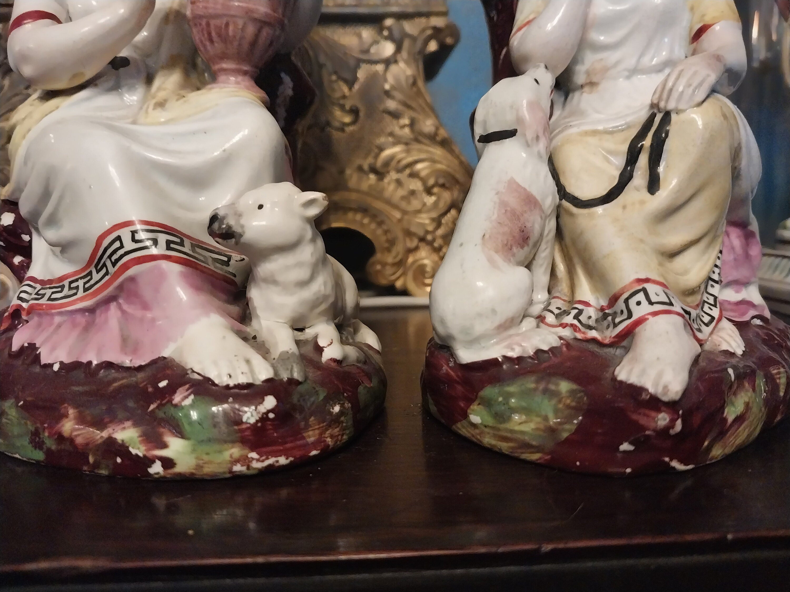 Pair Early Pearlware Staffordshire Poor Maria Agrippina Dog Spill Vases 19th C