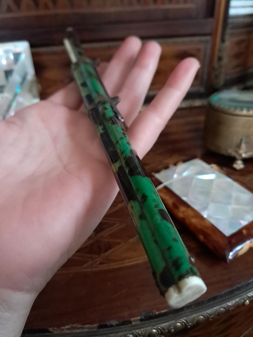 Rare Antique Chinese Trousse Eating Set Faux Green Tortoiseshell