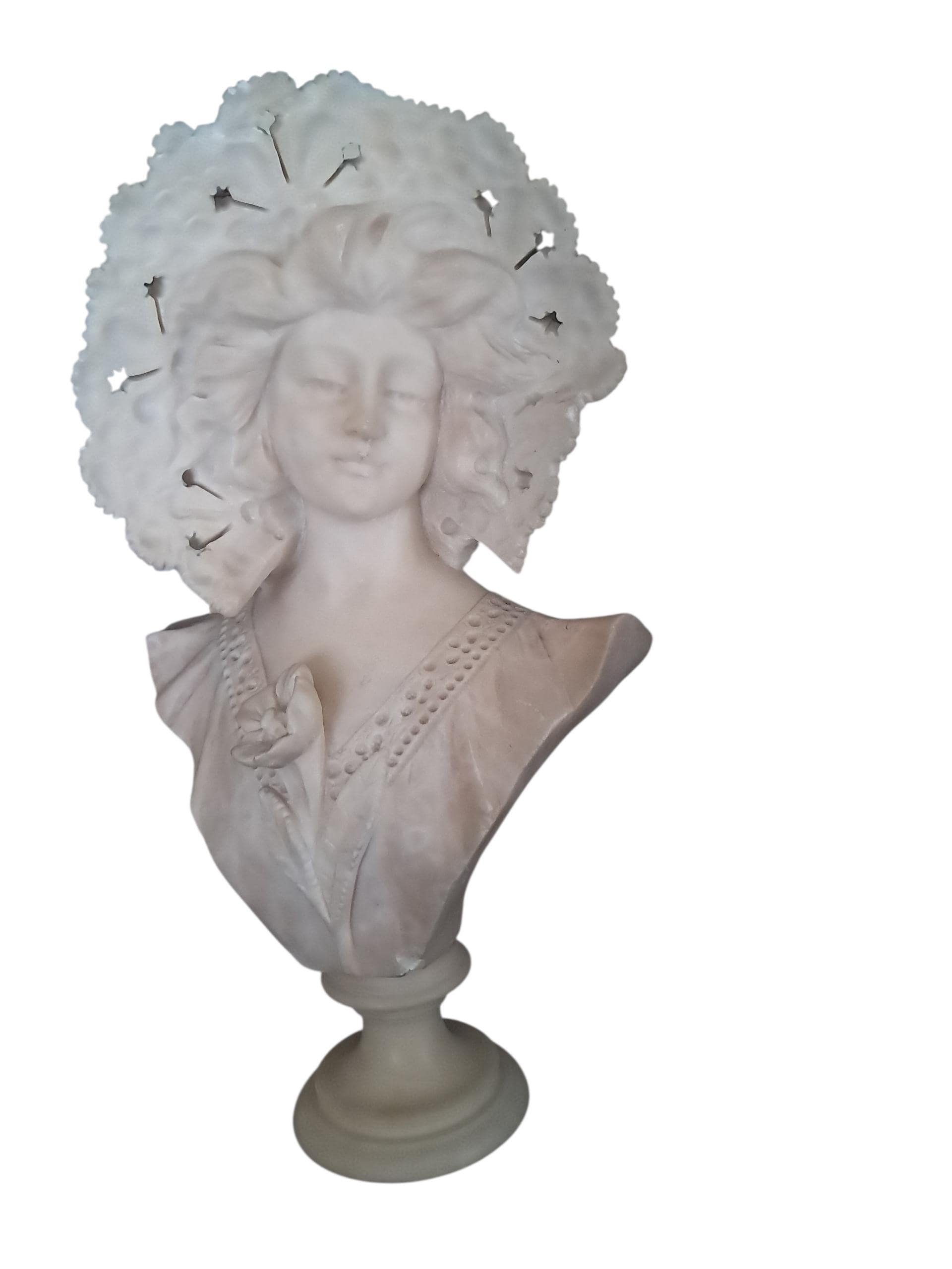 Art Nouveau Alabaster Woman Bust with Lace Hat (16 inch)