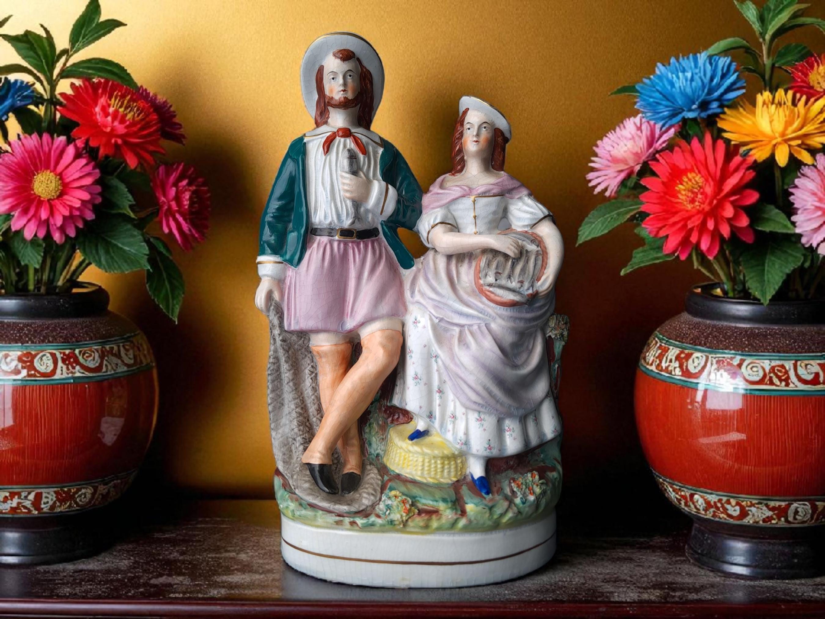 Antique Staffordshire Flatback Figure of 2 Fish Mongers