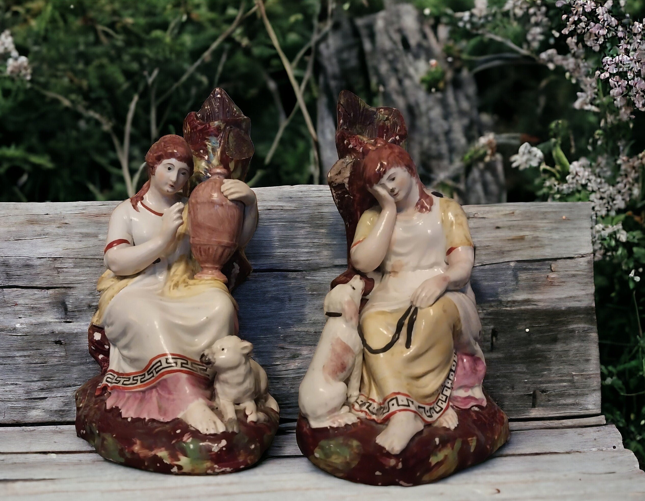 Pair Early Pearlware Staffordshire Poor Maria Agrippina Dog Spill Vases 19th C