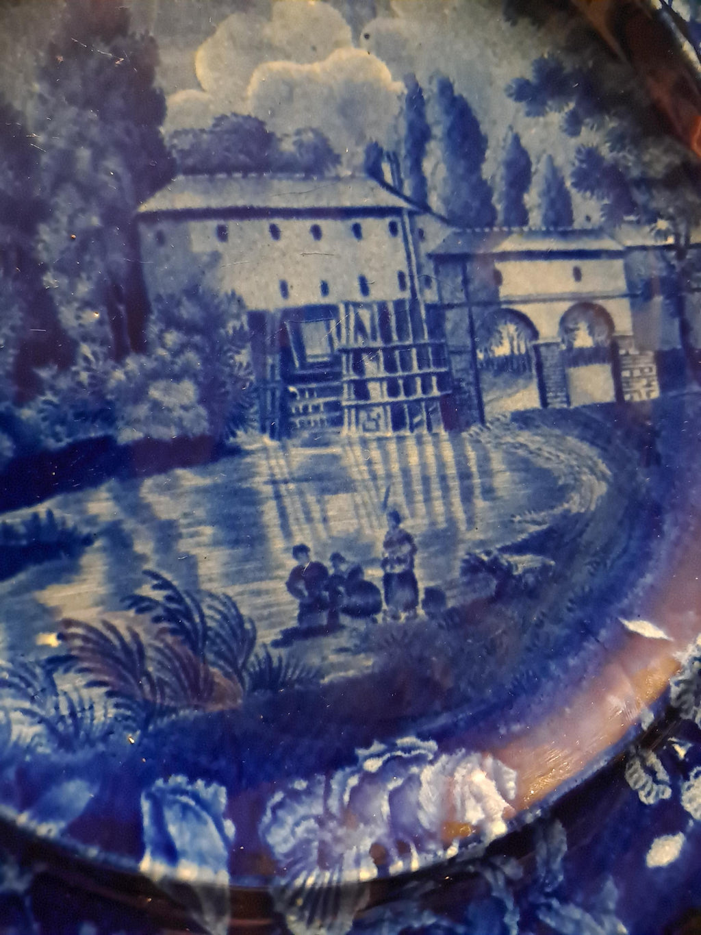 Antique Staffordshire Dark Blue Transferware Plate of Italian Scenery