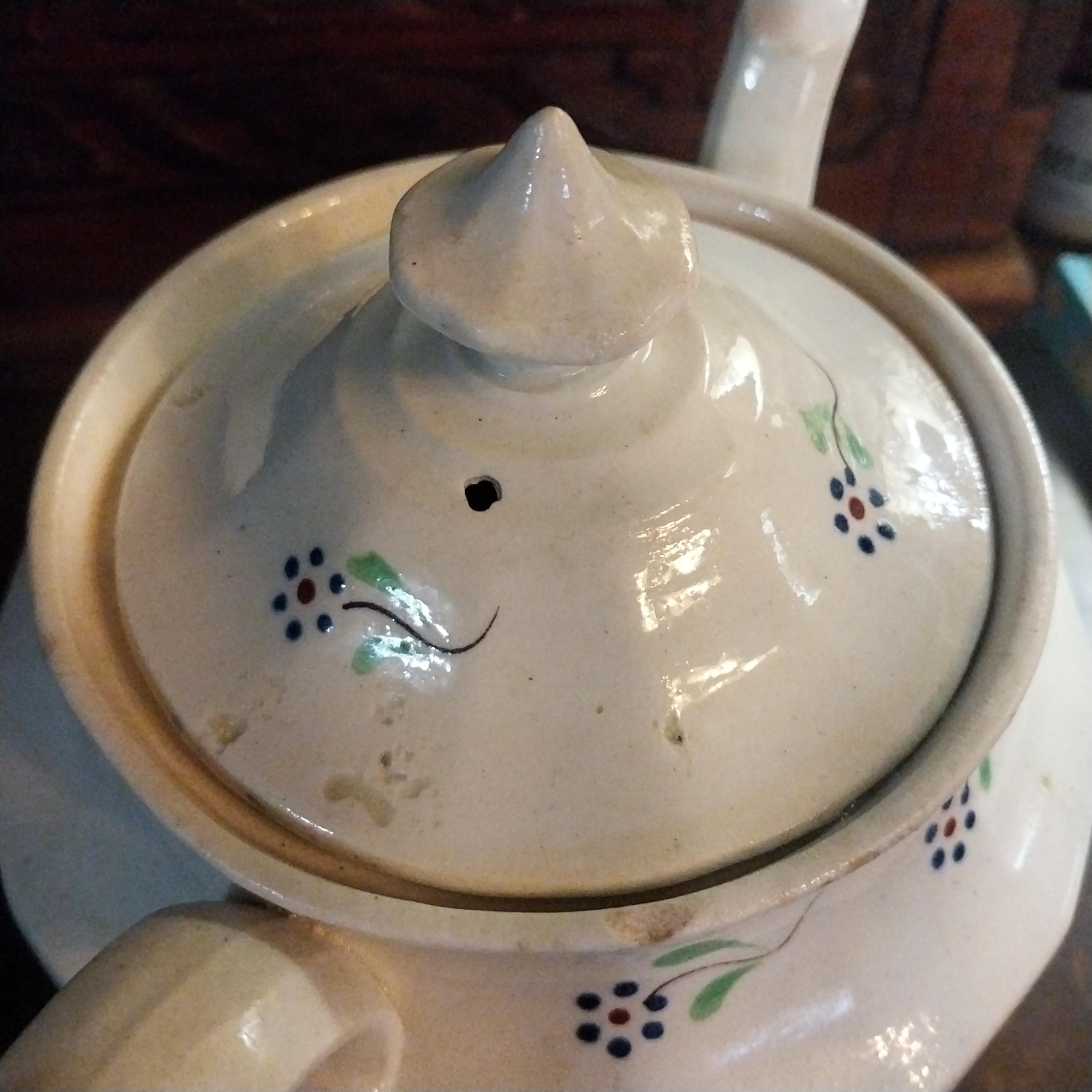 Early English Sprig Hand Painted Flowers Creamware Teapot
