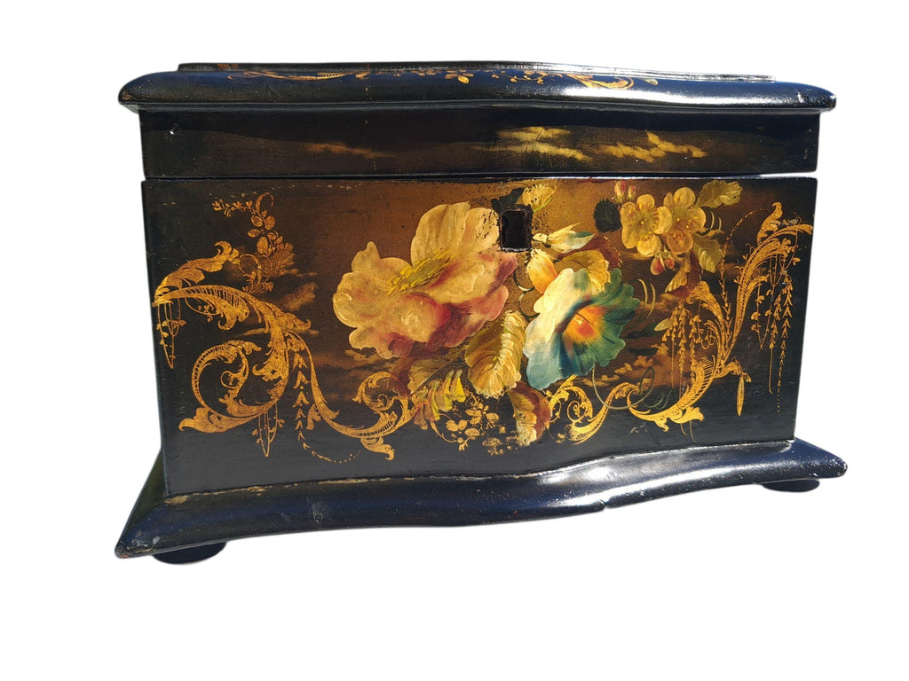 Antique Chinoiserie French Lacquered Tea Caddy: Floral Gold Gilding