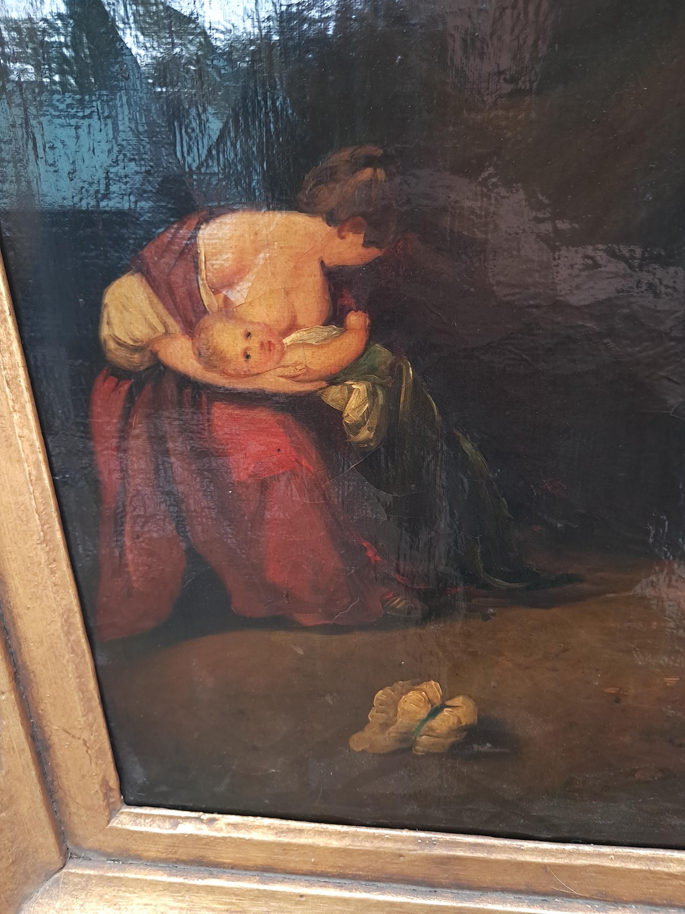 Antique Dark and Moody Painting of Mom Shielding Child