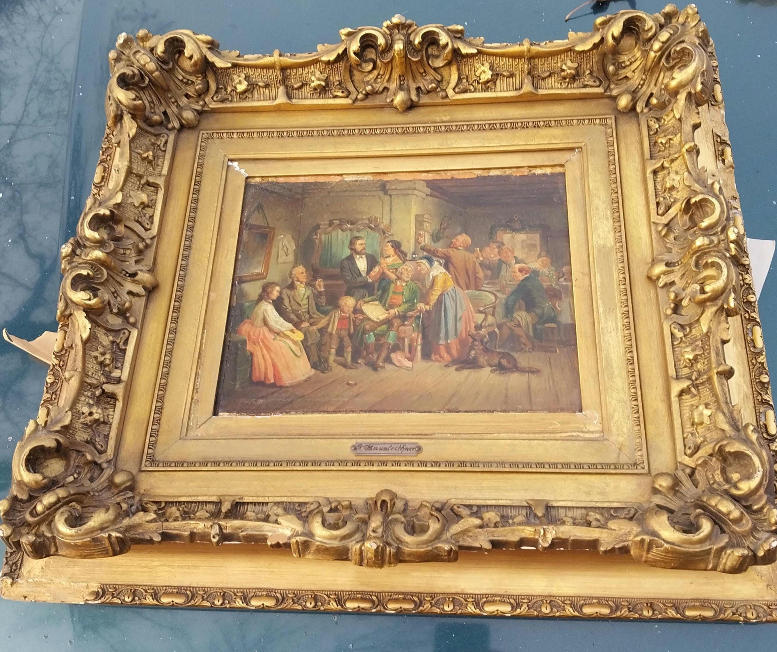 Antique Rudolf Hausleithner Oil Painting: Austrian Holiday Scene Dark and Moody