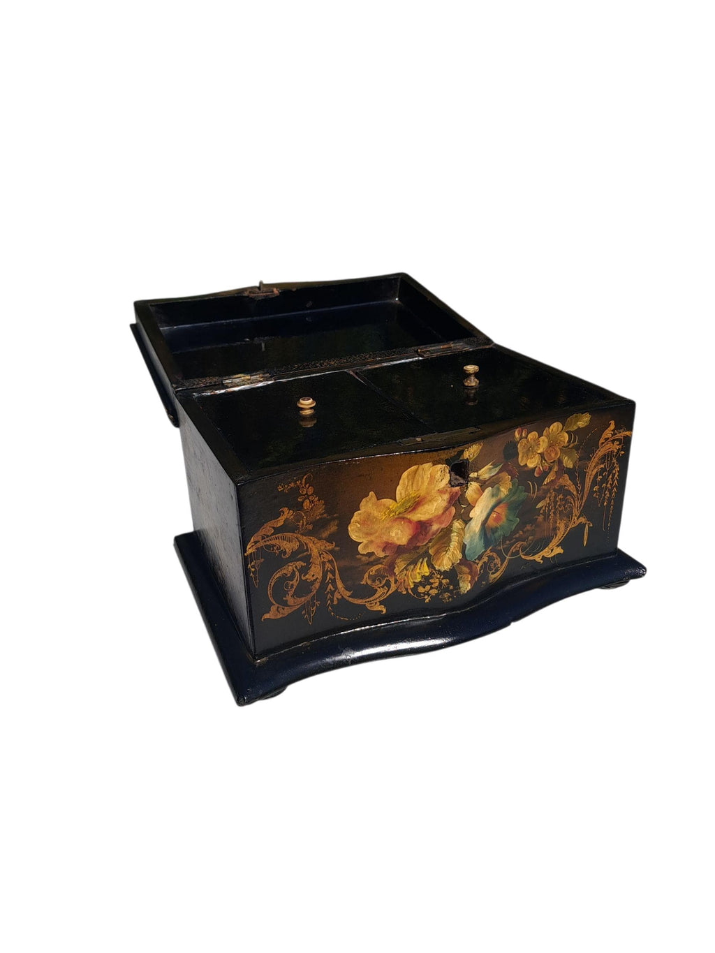 Antique Chinoiserie French Lacquered Tea Caddy: Floral Gold Gilding