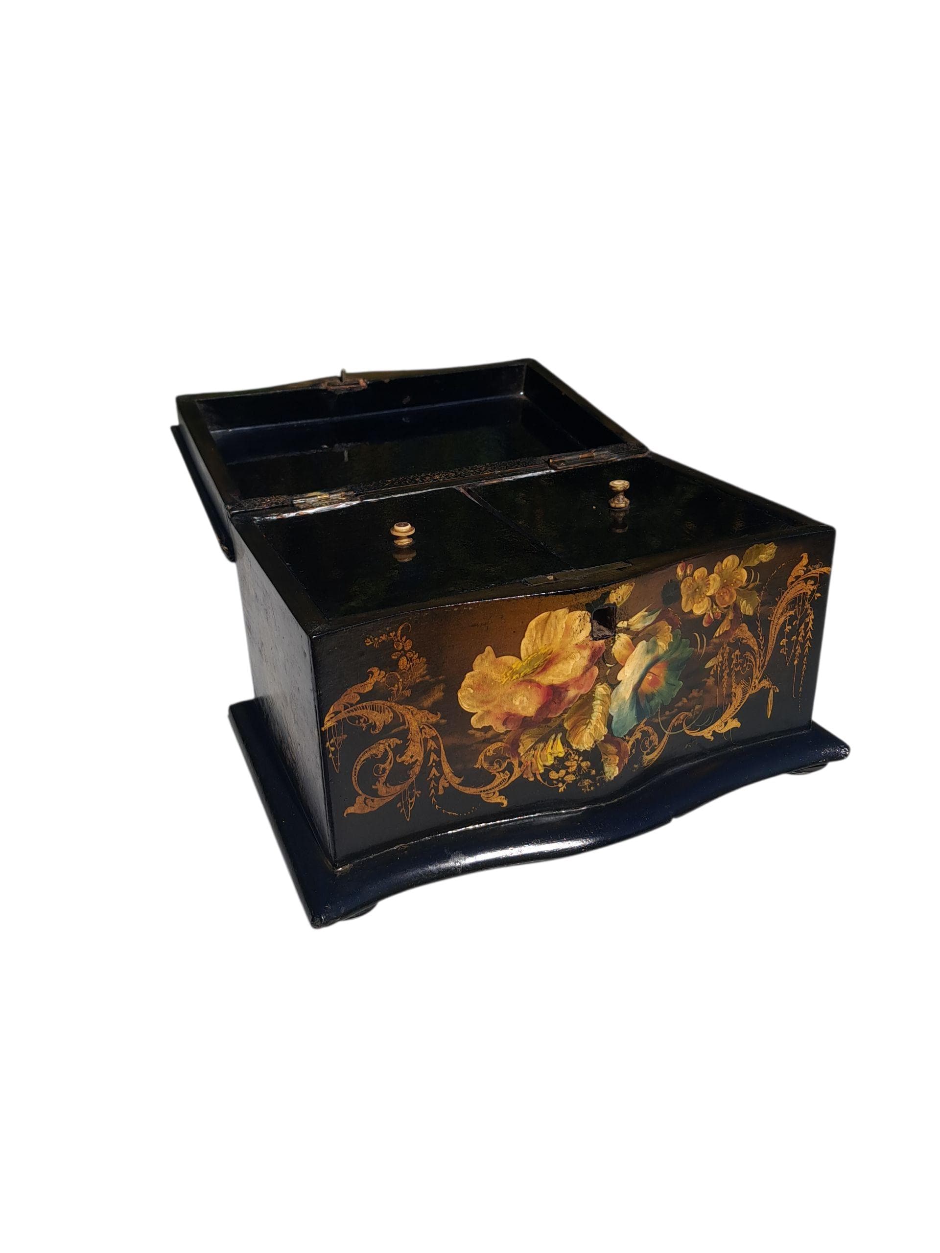 Antique Chinoiserie French Lacquered Tea Caddy: Floral Gold Gilding