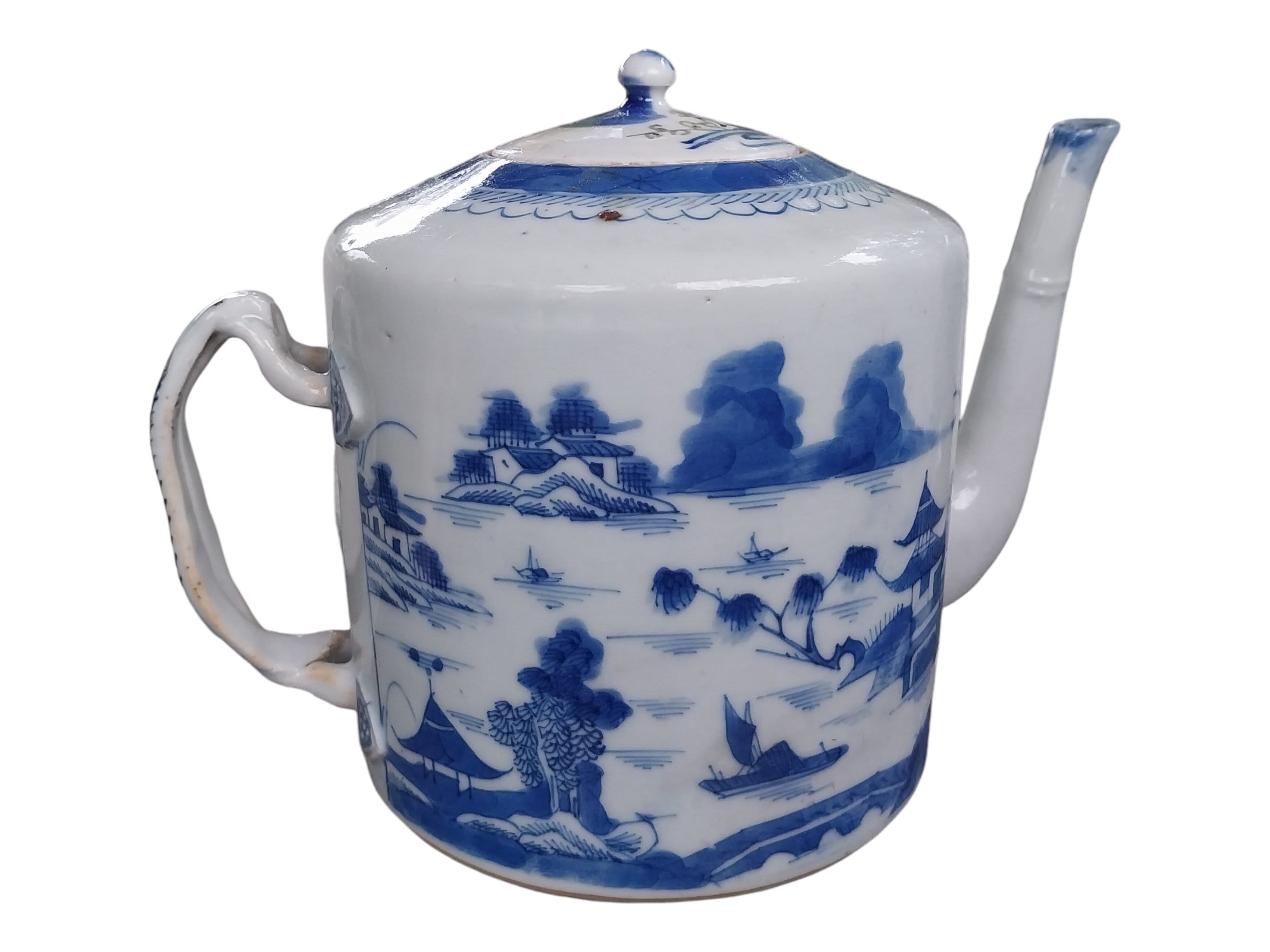 Blue and White Mid 1800's Drum Style Chinese Export Teapot