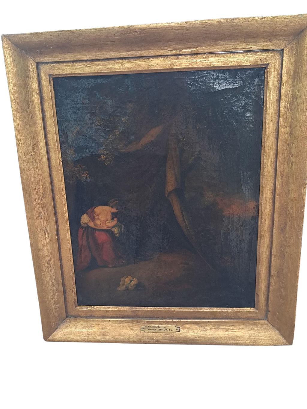 Antique Dark and Moody Painting of Mom Shielding Child