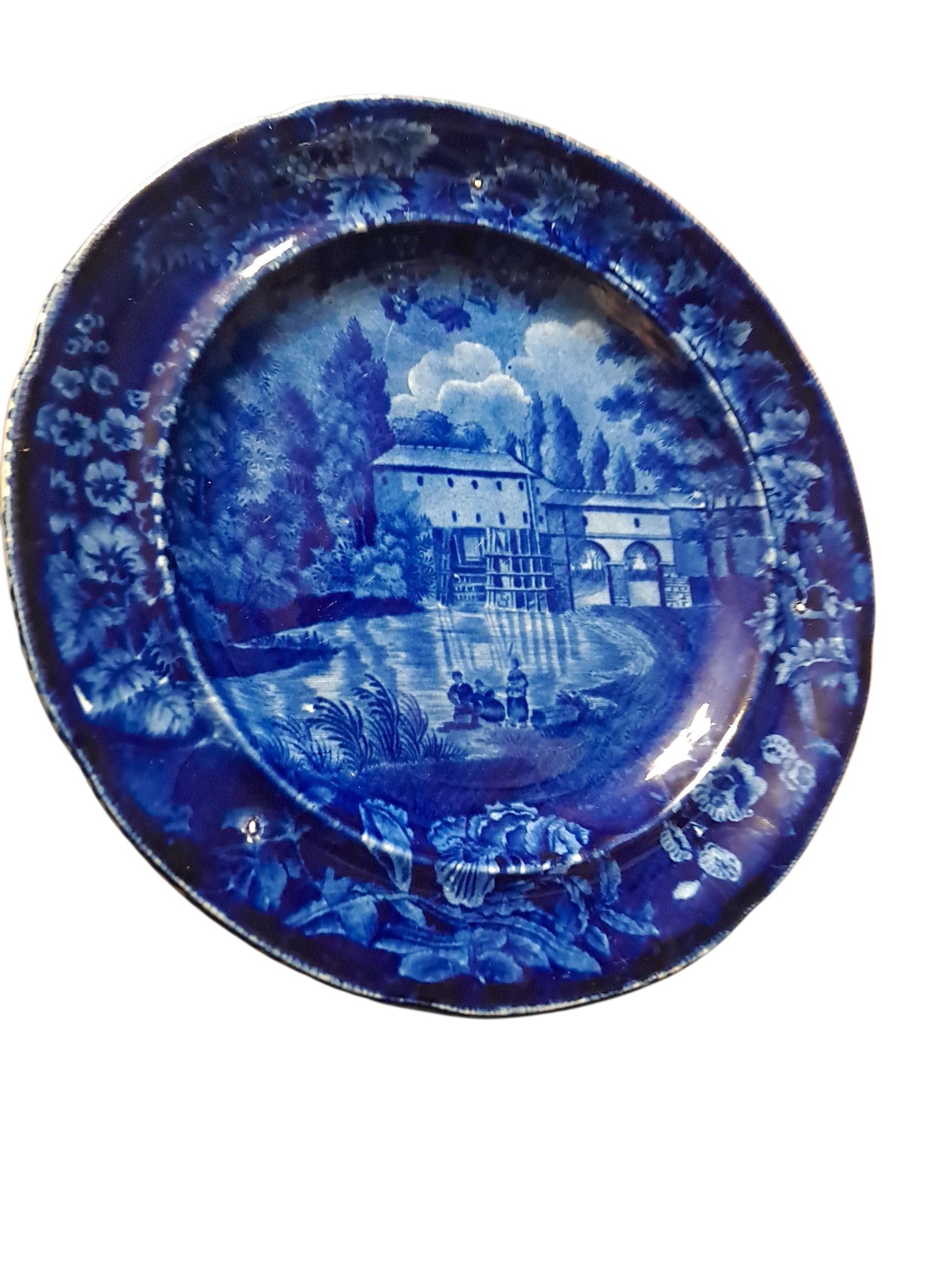 Antique Staffordshire Dark Blue Transferware Plate of Italian Scenery