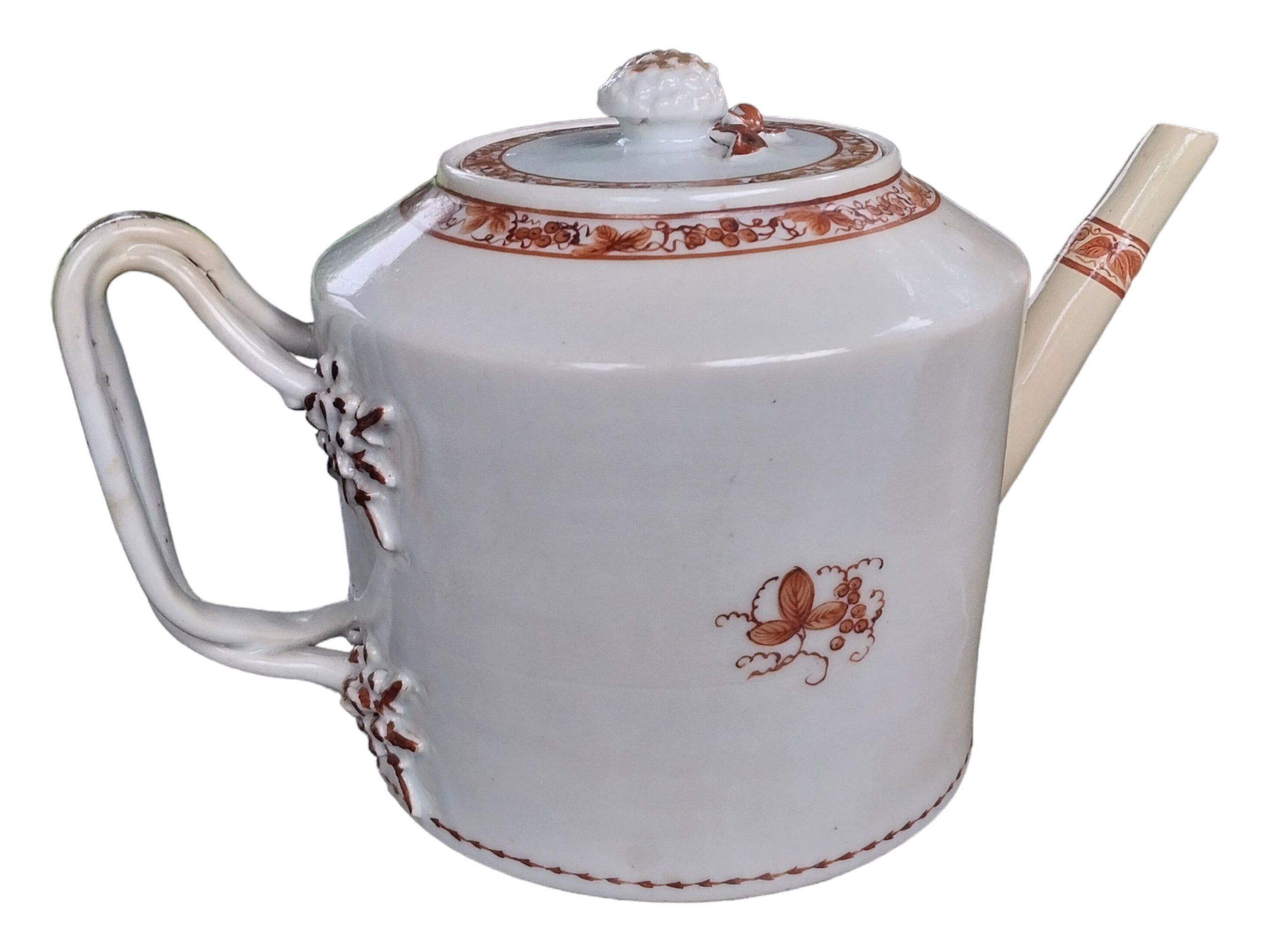 Chinese Export Porcelain Sepia & Gilt Twisted Handle Ribbed Teapot C 1790