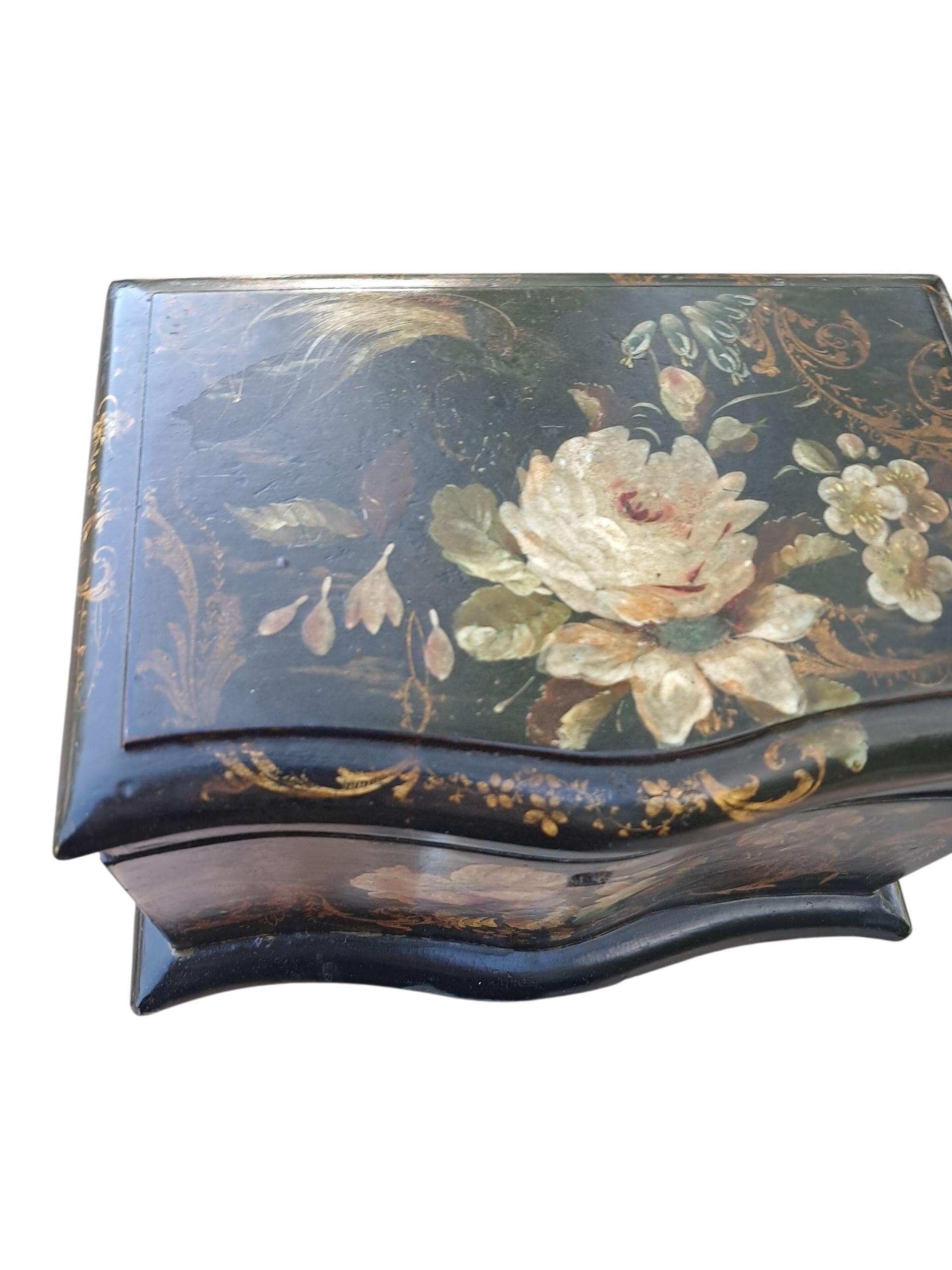 Antique Chinoiserie French Lacquered Tea Caddy: Floral Gold Gilding