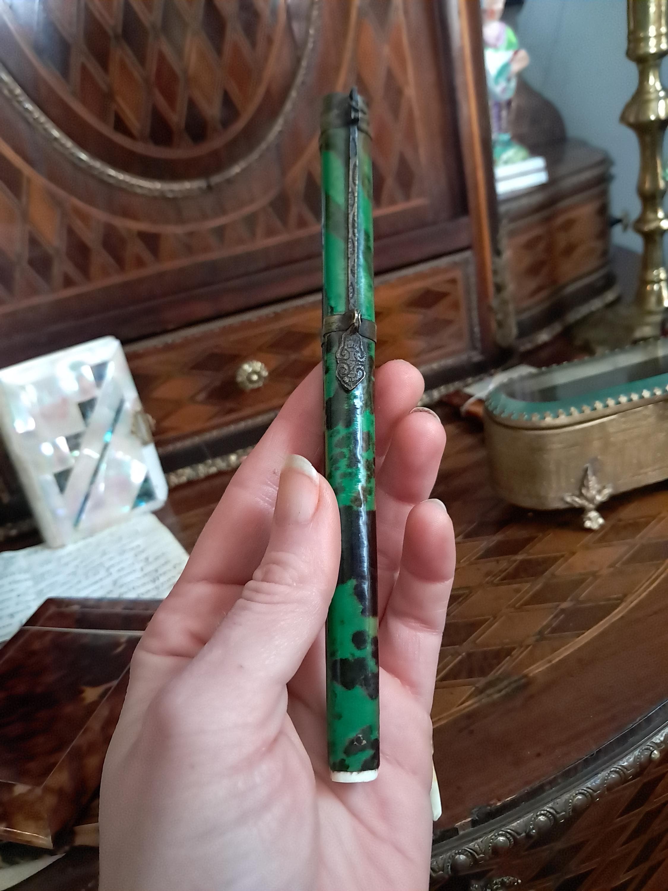 Rare Antique Chinese Trousse Eating Set Faux Green Tortoiseshell