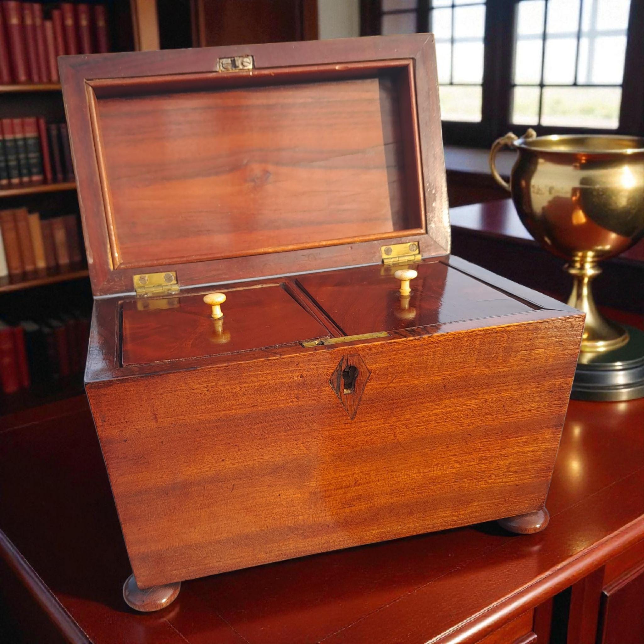 Antique Rosewood Tea Caddy, English Georgian Mahogany Veneer