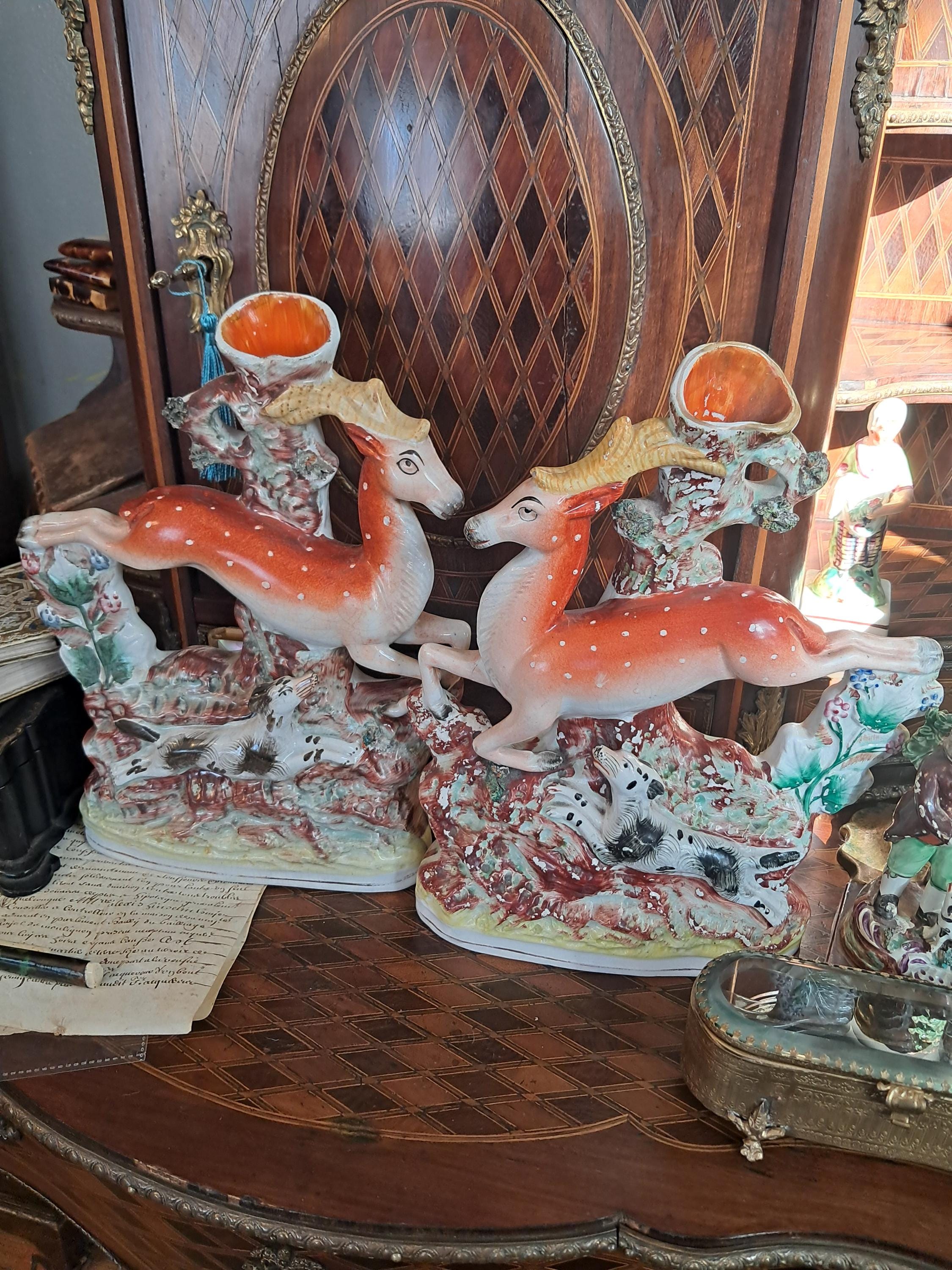 Beautiful Staffordshire Deer Spill Vase Pair