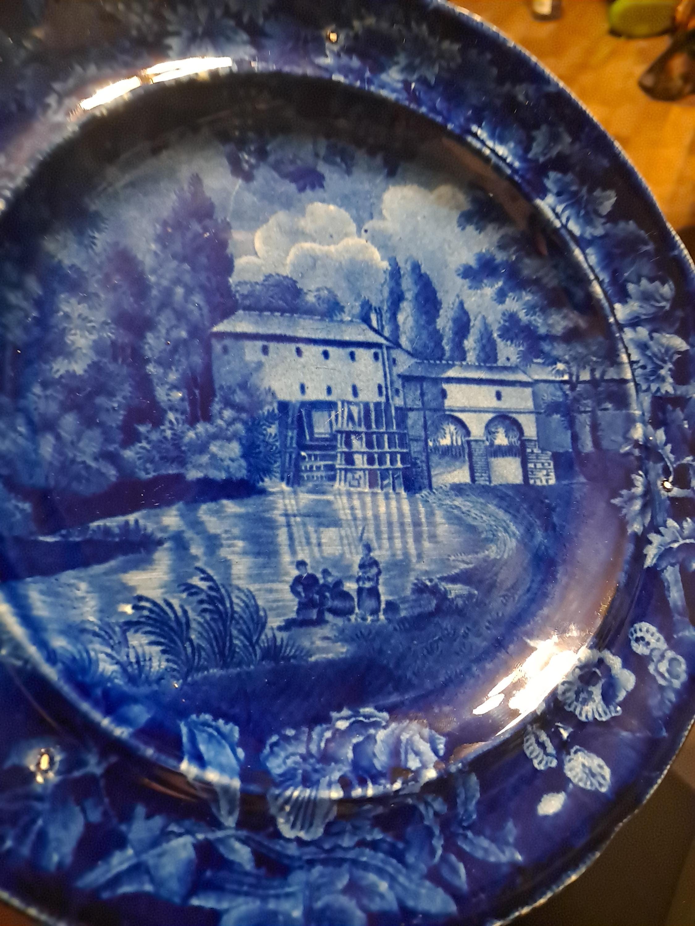 Antique Staffordshire Dark Blue Transferware Plate of Italian Scenery