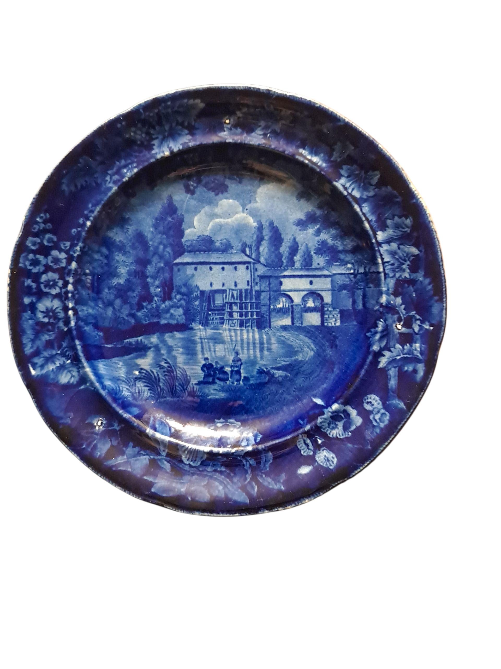 Antique Staffordshire Dark Blue Transferware Plate of Italian Scenery