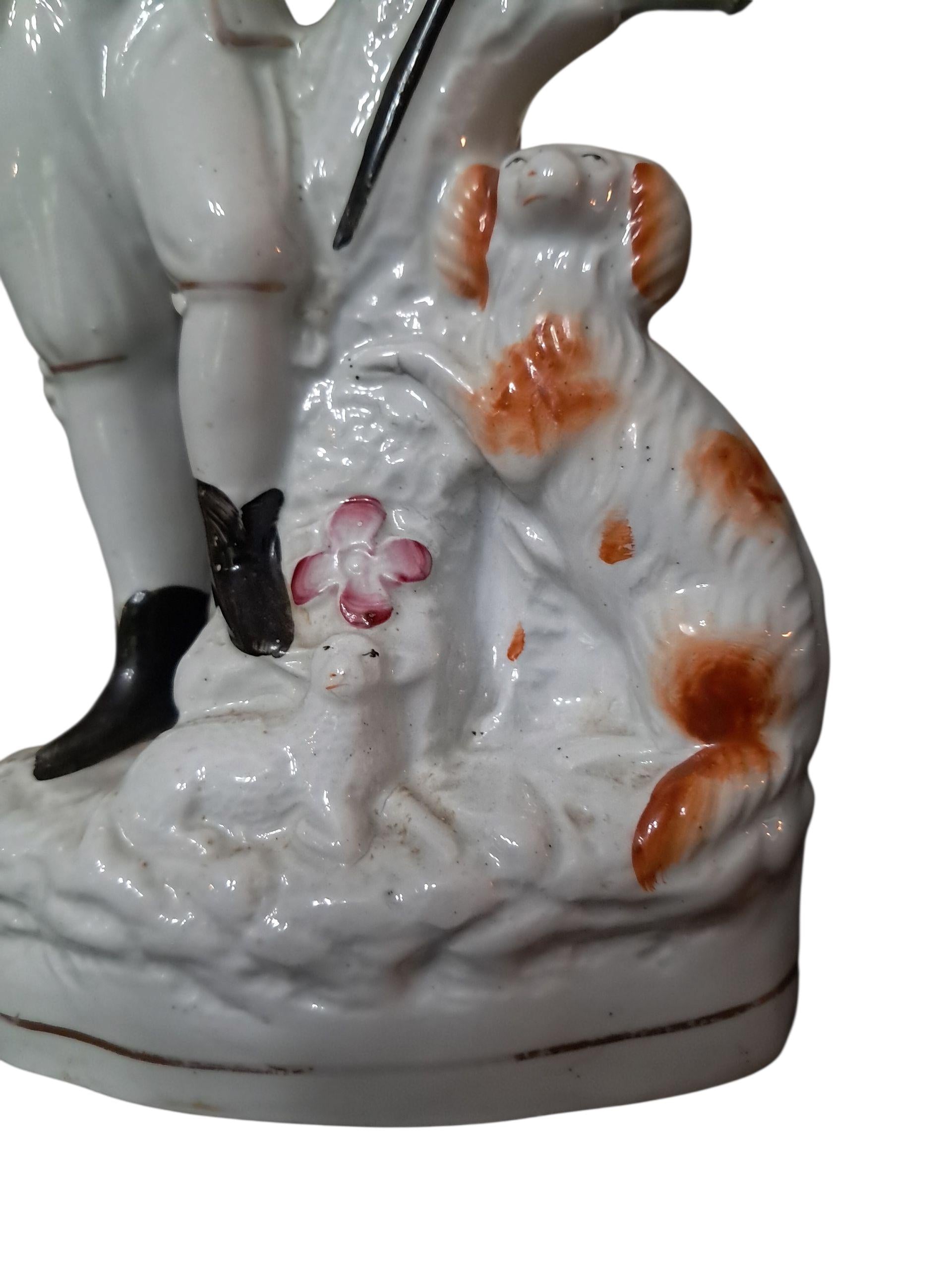 Antique Staffordshire Spill Vase of Shepherd With Sheep and Dog